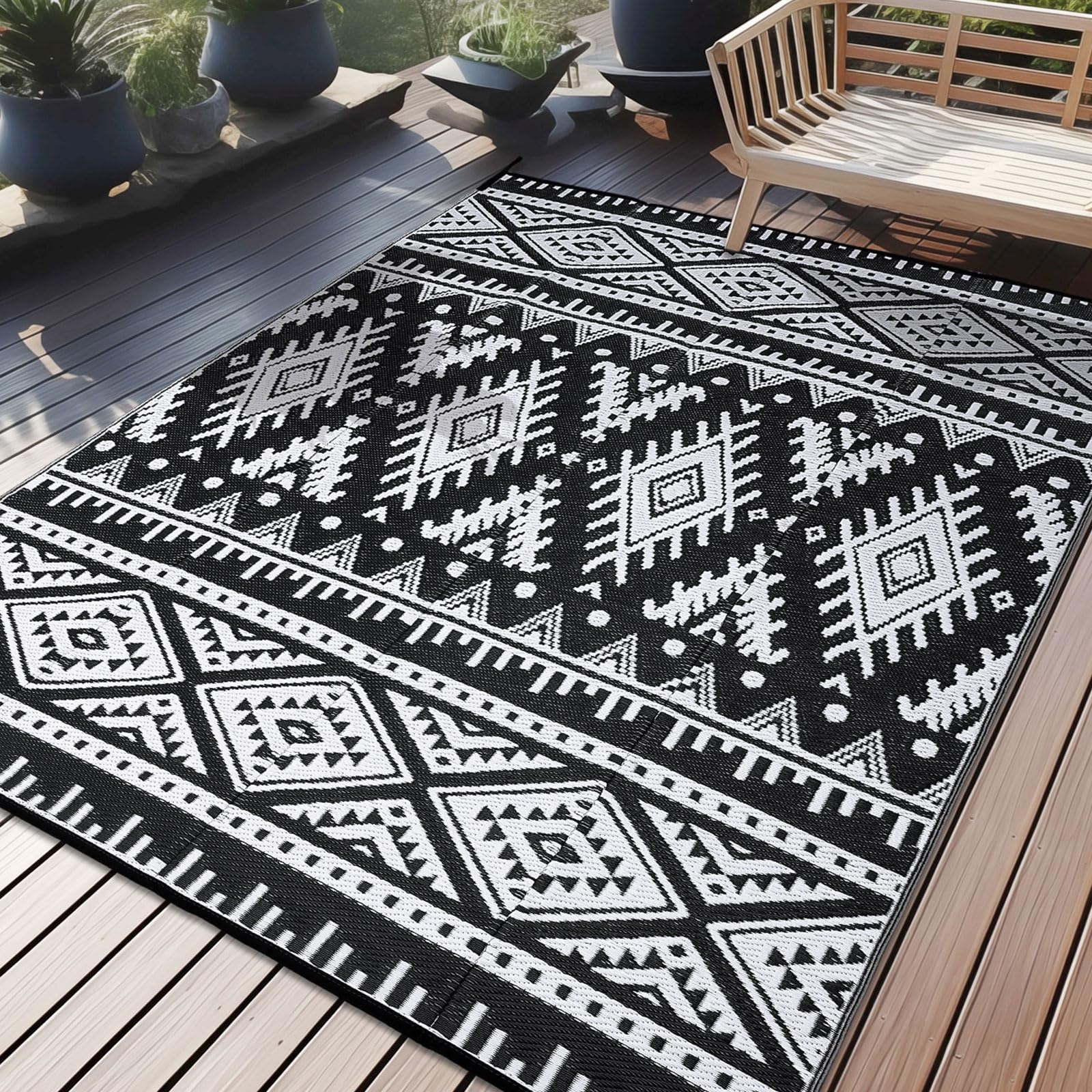MTOUOCK Outdoor Rug 6x9 ft Reversible Patio Rug, Moroccan