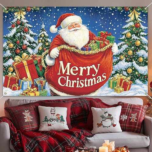 Miniatura 5 de Cartel de Feliz Navidad de Papá Noel de 71 x 43 pulgadas, telón de fondo navideño con bolsa de regalo y árbol de Navidad para interiores y