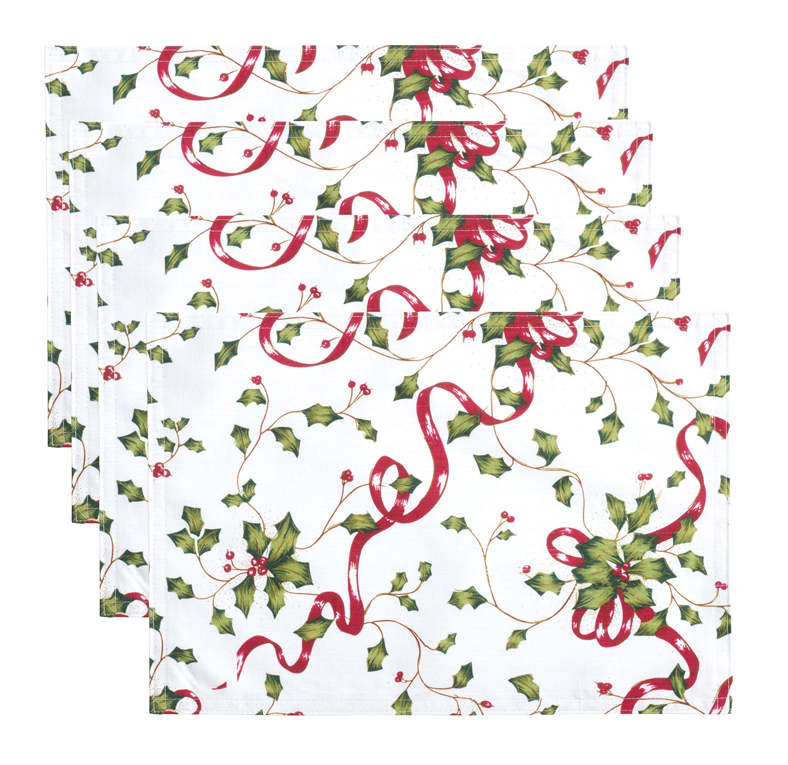 Fennco Styles Holiday Holly Collection Classic Holly Berry Ribbon 13 x 19 Inch Placemats, Set of 4 – Multicolor Place Mats for Christmas Dinner, Family Gathering, Special Events and Home Décor