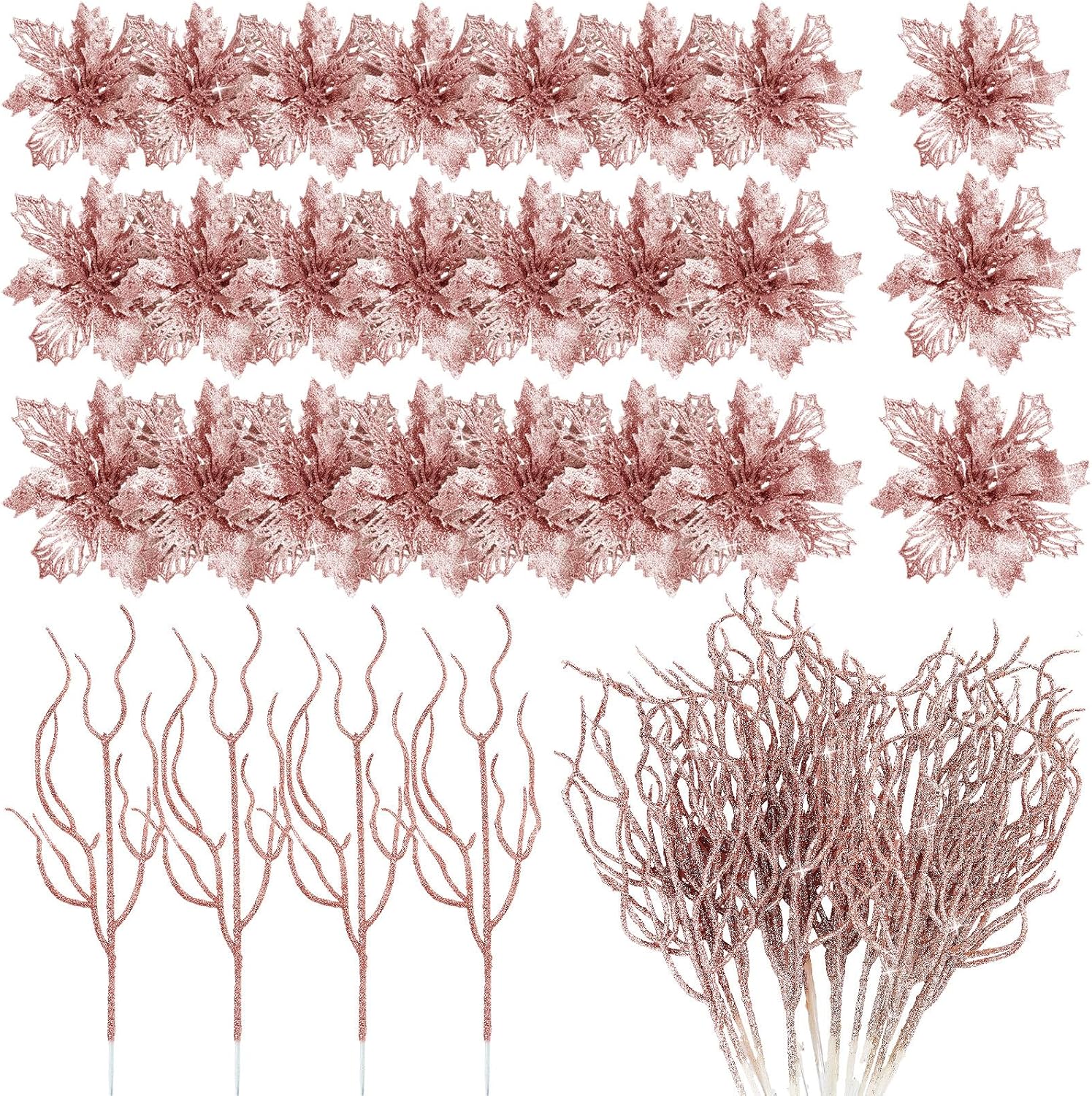 Yinder 48 Pcs Valentine's Day Glitter Poinsettia Artificial Flower with Twigs Christmas Tree Decorations Set for Wreath Table Centerpiece Xmas Wedding Holiday Party Decorations(Blue)