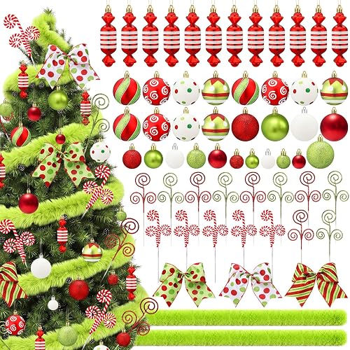 59 Pcs Green Fur Christmas Tree Decorations Set Peppermint Candy
