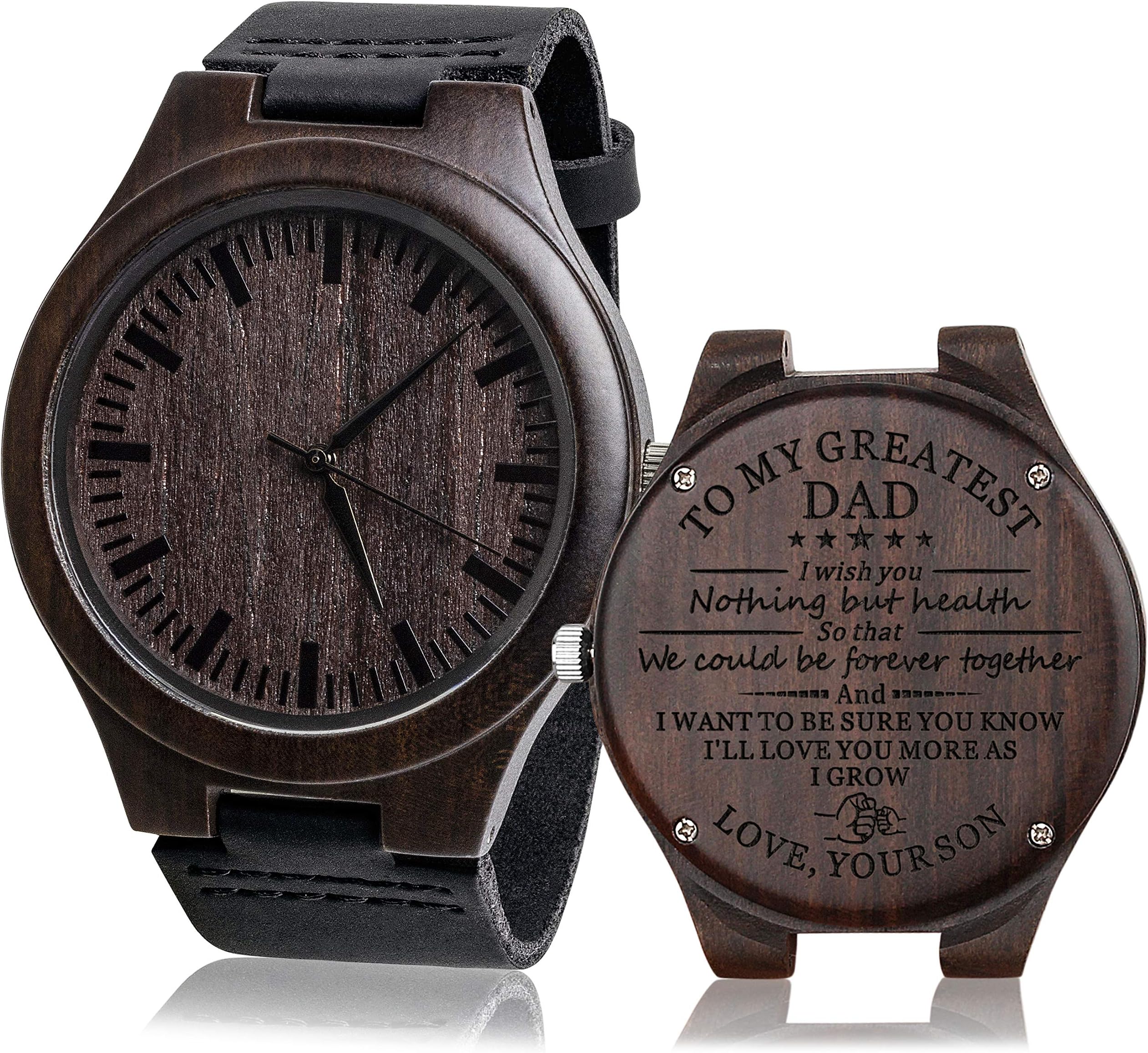 FodiyaerCustom Engraved Wood Watch Gifts for Dad from Son Daughter Children As Personalized Christmas Birthday Father Day Wooden Gifts Idea with Cowhide Leather Strap