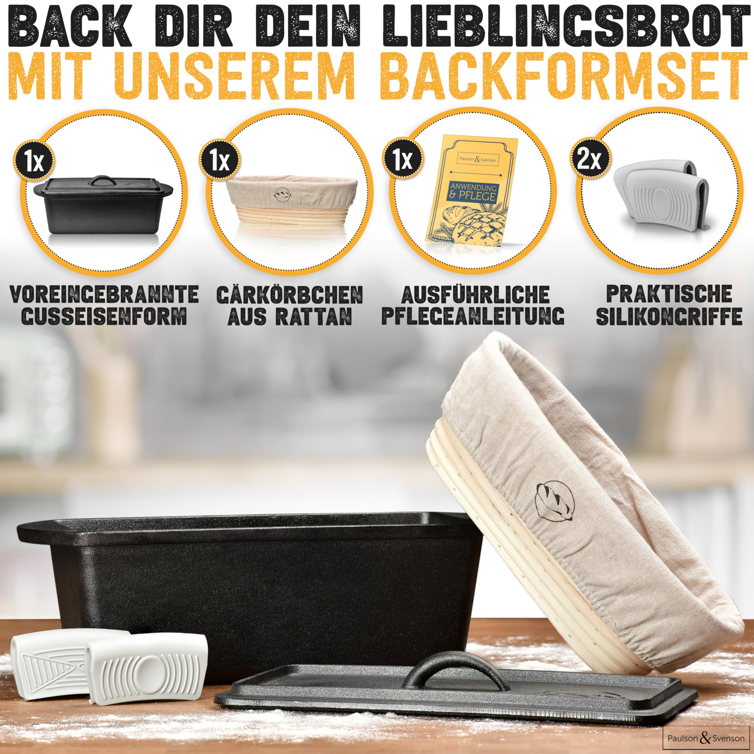 Paulson & Svenson - Brotbackform mit Deckel inkl. Gärkorb & Silikongriffe - Brotform aus Gusseisen zum Backen, Kochen, Grillen - Brottopf/Gusstopf in Kastenform (rechteckig) für frisches Kasten-Brot