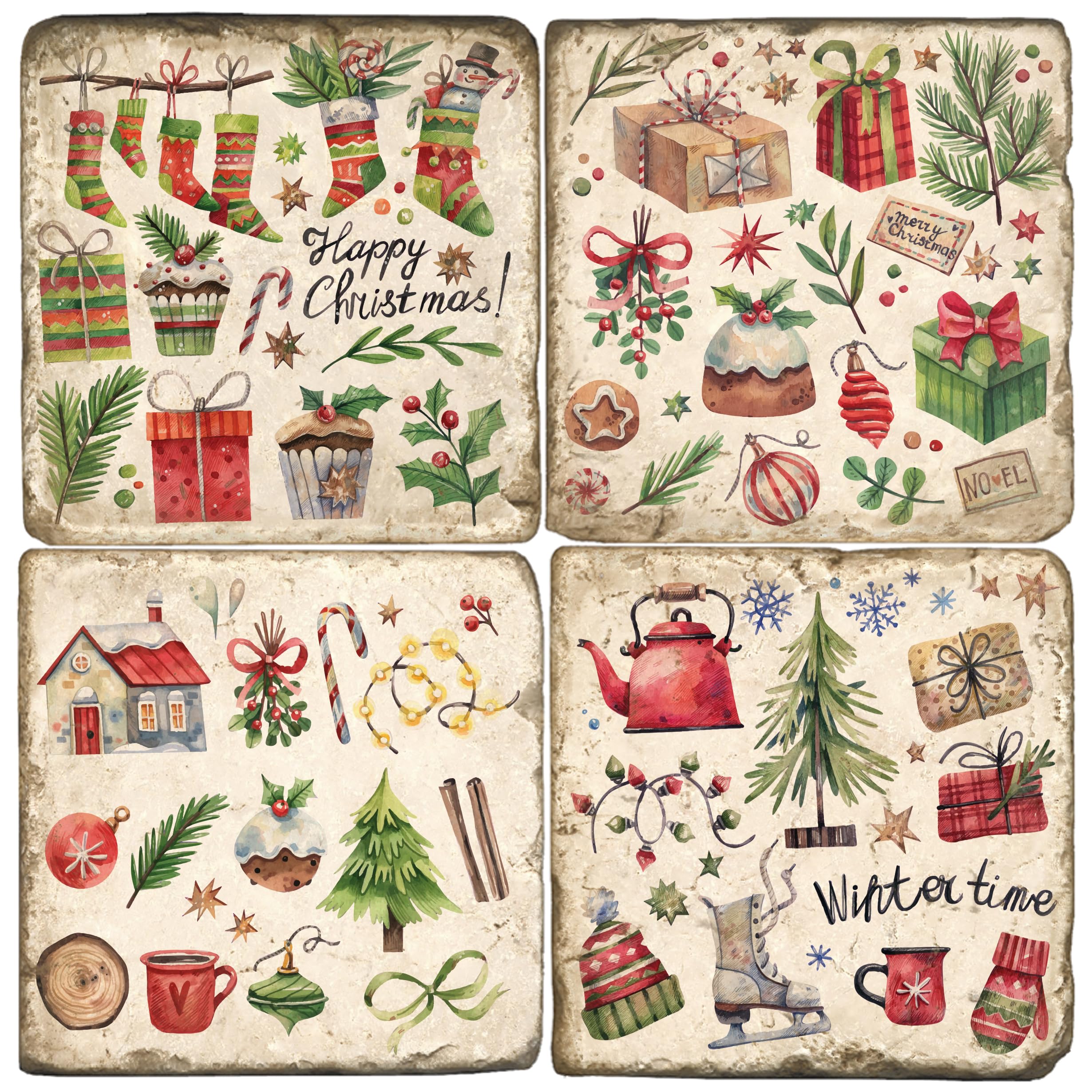 MetrStudio Vertu, Set of 4, Watercolor Christmas Tumbled Botticino Marble 4.25"" Coasters