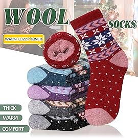 Velice Wool Socks for Women Merino Wool Boot Hiking Thick Thermal Warm Winter Crew Cushion Cozy Work Socks 5 Pairs(Snowflake-01)