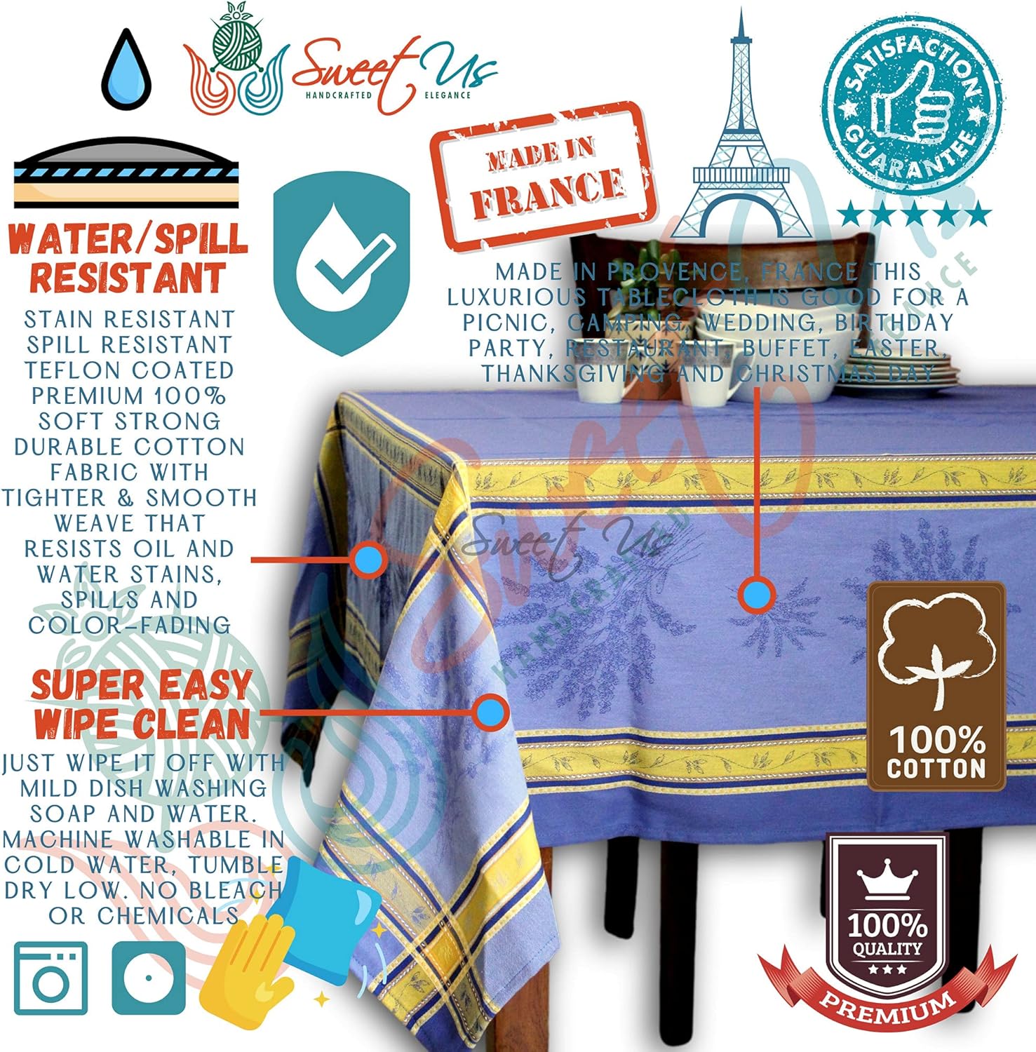 Sweet Us Lavande Mystique Wipeable Tablecloth Spill Resistant Teflon Coated, Floral Cotton French Provencal Tablecloth for Rectangle Tables, for Indoor and Outdoors, Bleu Sérénité, 63 x 116