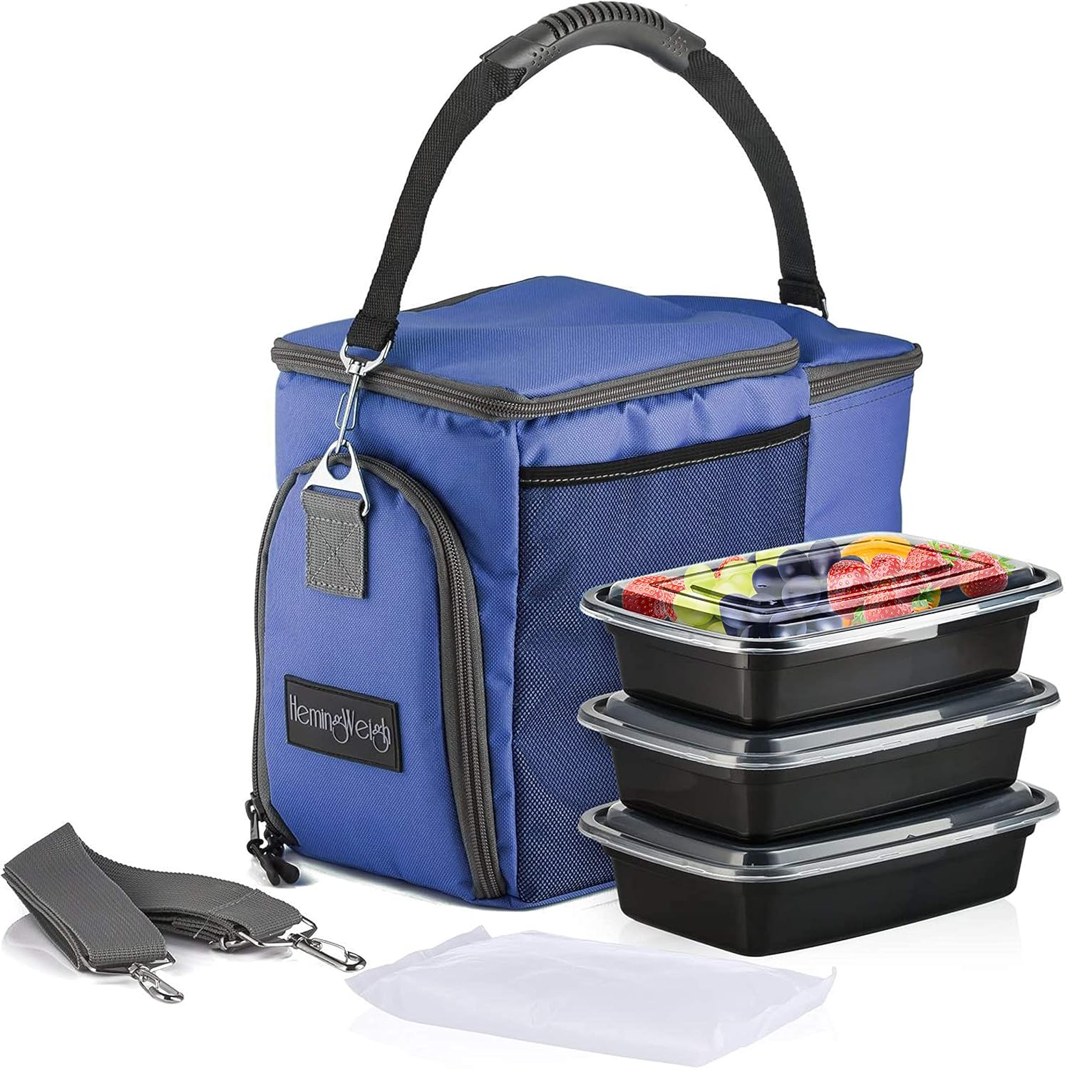 HemingWeigh Insulated Lunch Box for Men and Women - Large Lunch Bag for Work with 3 BPA-Free Containers, Cooler Storage, Compartments, and Adjustable Shoulder Strap - Blue