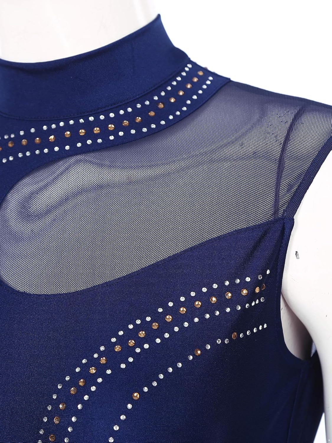 Women Shiny Rhinestone Gymnastics Unitard Keyhole Back Bodysuit One Piece Long Sleeve Dancewear