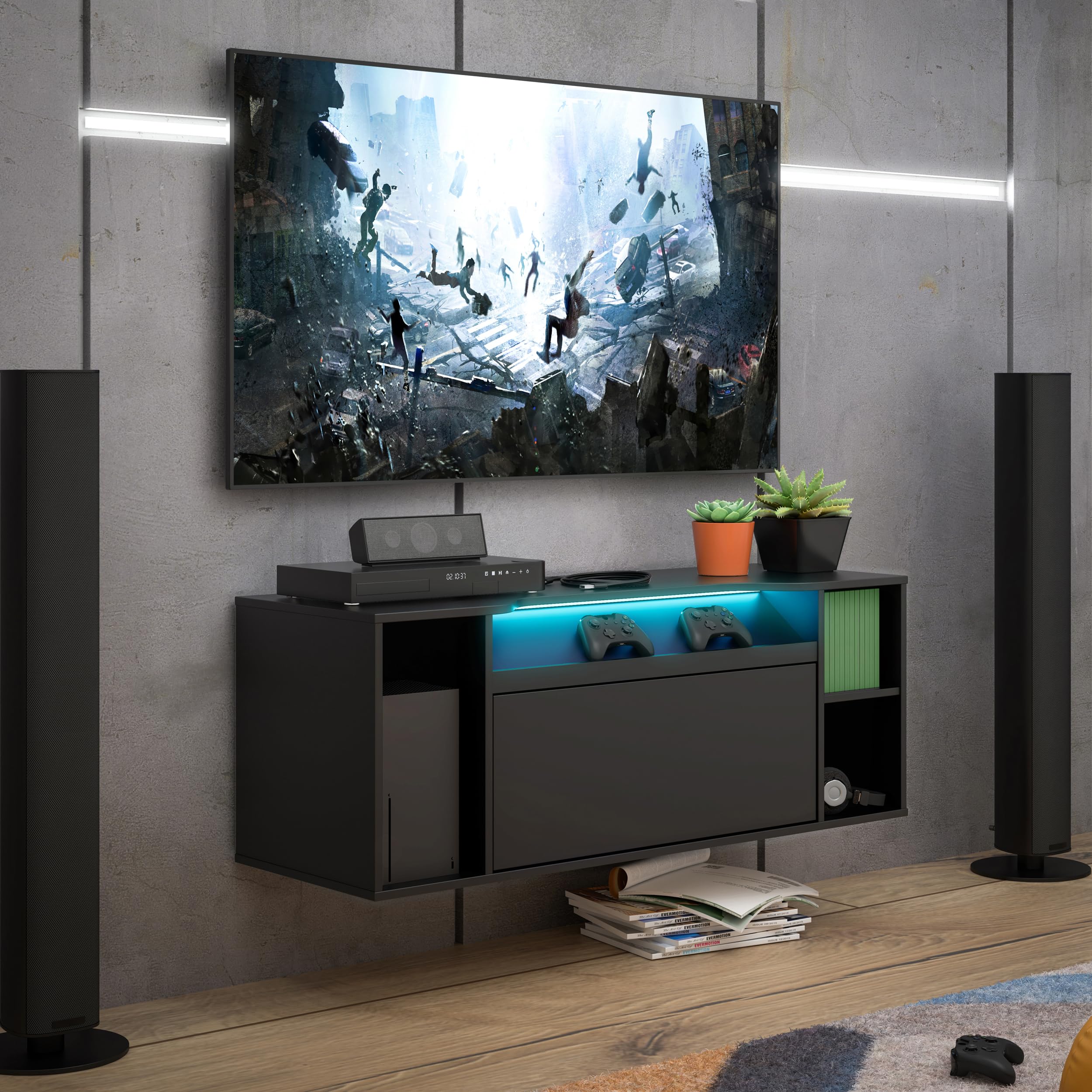 Forte TEZAUR TV-Schrank 120, moderner TV Schrank, hängend, Schwebeoptik, Beleuchtung, Wohnzimmer, Jugendzimmer, Holzwerkstoff, Schwarz, 120 cm breit x 45 cm hoch x 42 cm tief