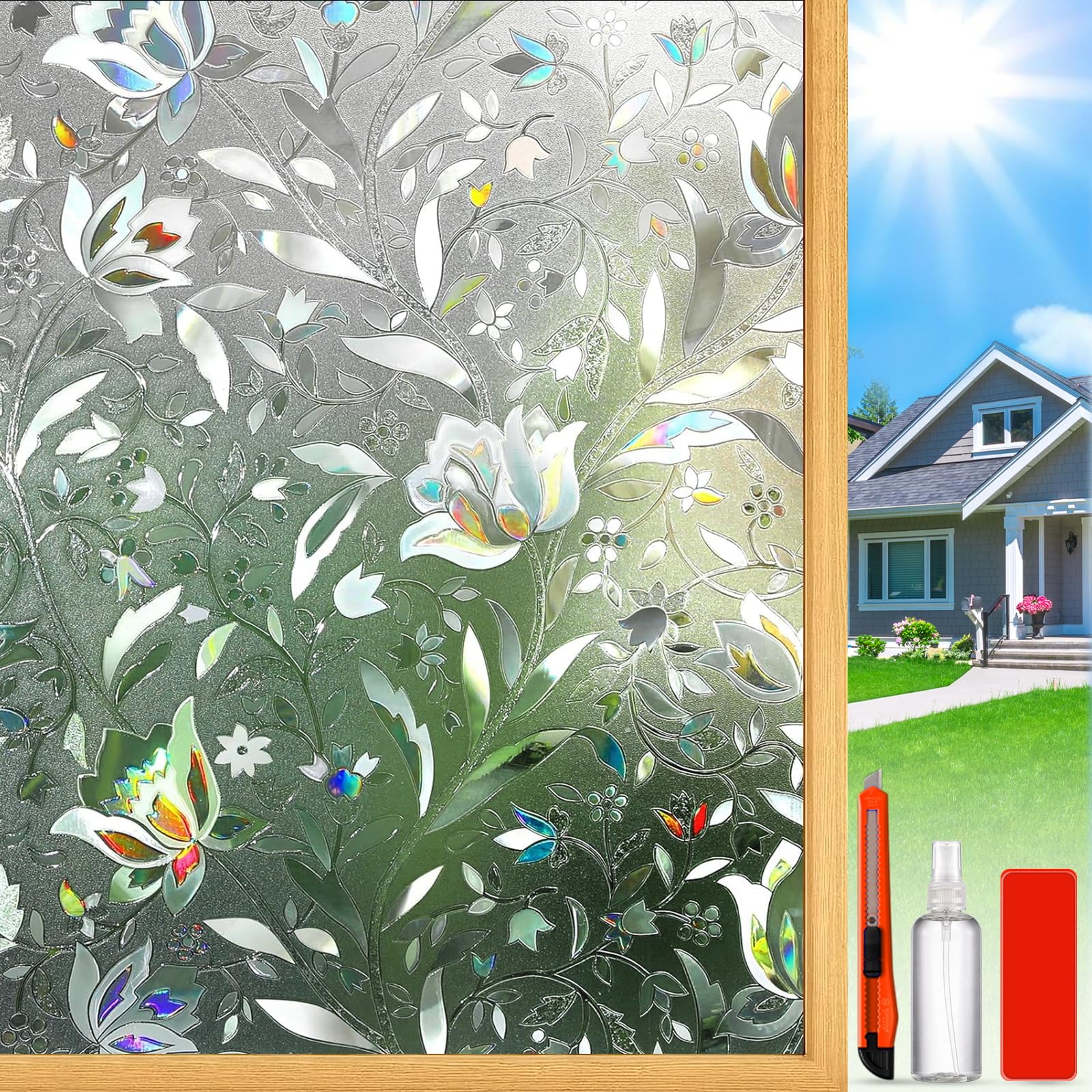 Rainbow Window Privacy Film Decorative, Stained Glass Window Tint for Home, 3D Decals Window Clings for Glass Windows, Static Cling Window Sticker, Suncatcher Window Cover,23.6" by 157.4"