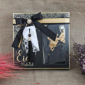 VHD Eid Mubarak Gift Box For Women, Eid Favor Set | Islamic Ramadan Gift Set for Muslim Woman | Quran, Shawl, Prayer Rug, Misbaha, Bookmark Box Black