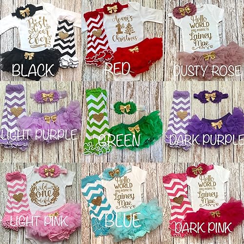 Vista 25 de Personalized Baby Girl Outfit Shower Gift Custom Name Glitter Heart Outfit Optional Tutu Bloomers Headband and Leg Warmers Light Purple + Gold