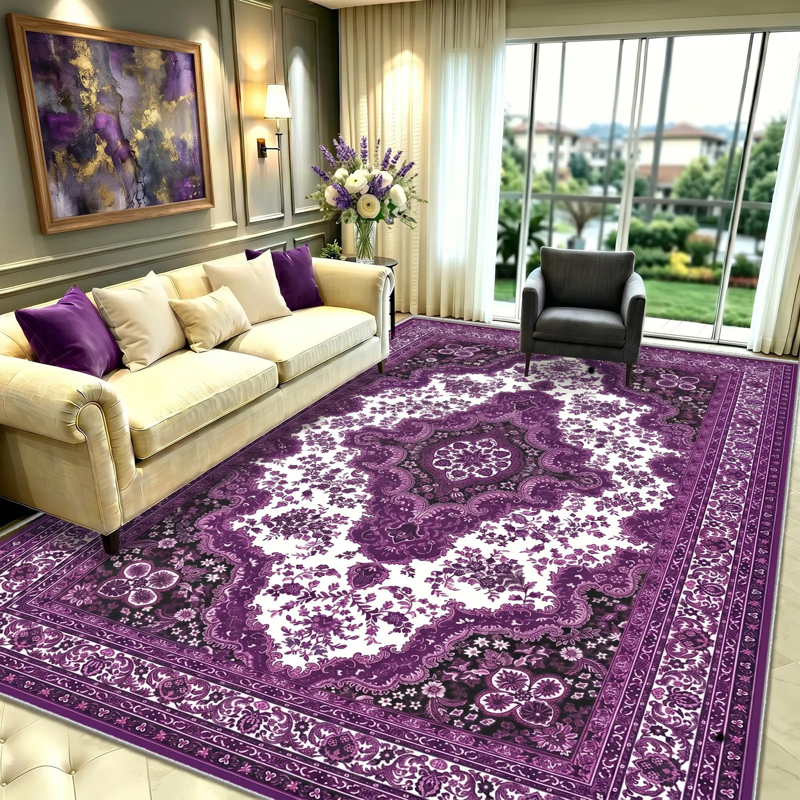 WUTONG Large Washable Living Room Rugs 200x300 cm Purple Area Rug Vintage Lilac Medallion Carpet,Soft Faux Cashmere Low Pile Distressed Floor Covering