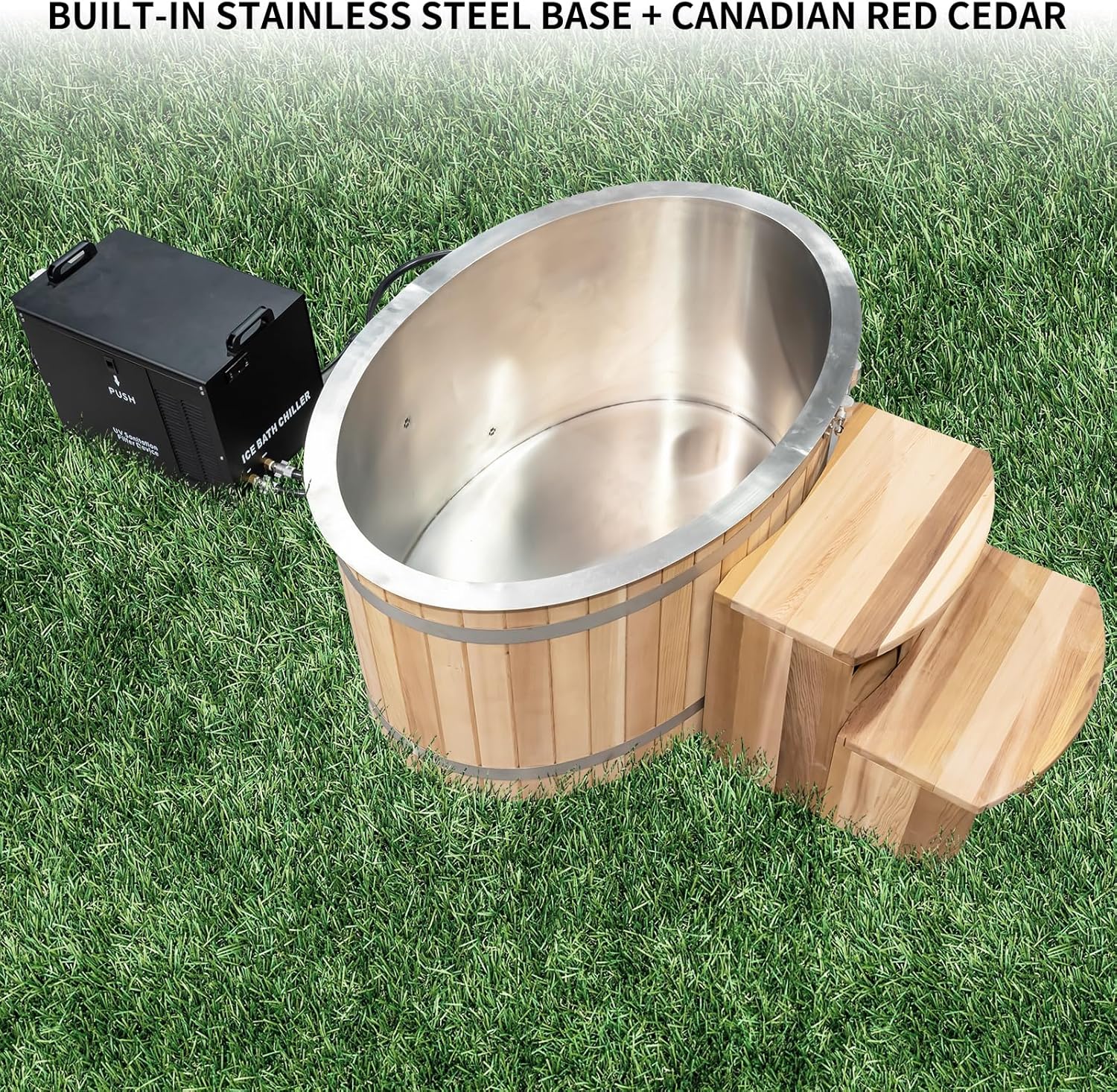 Cold Plunge Tub, 1HP Chiller ETL Certificate, 500L 2 Person,Cooling and Heating System, Canadian Red Cedar, Stainless Steel Base -App Control- Filter - Ozone/UV, Tub Lid (37-107℉)