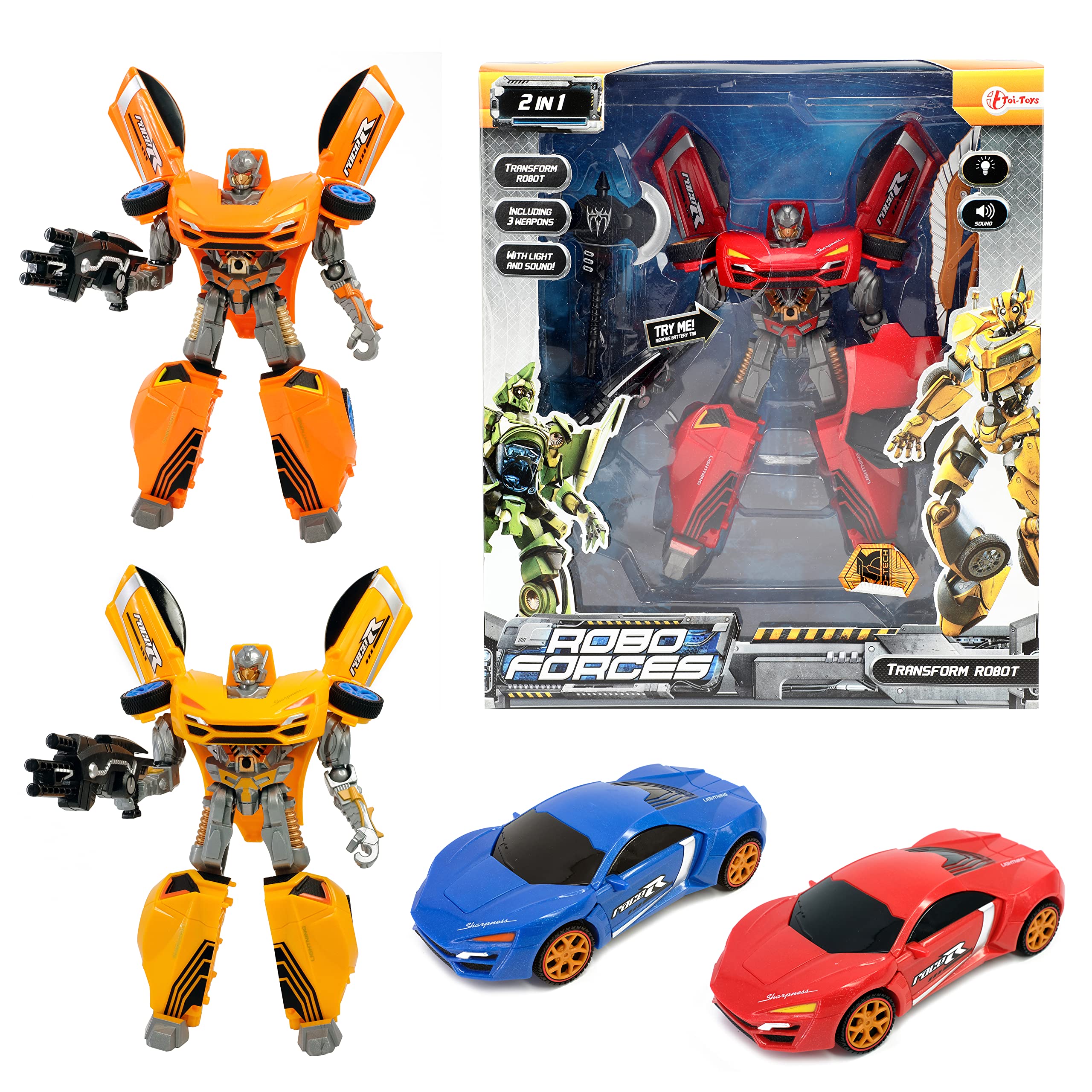 Toi-Toys Roboforces Transformers zabawka 2 w 1 ze światłem i dźwiękiem – robot samochodowy – losowy kolor – 3 bronie – od 3 lat – figurka 24 cm