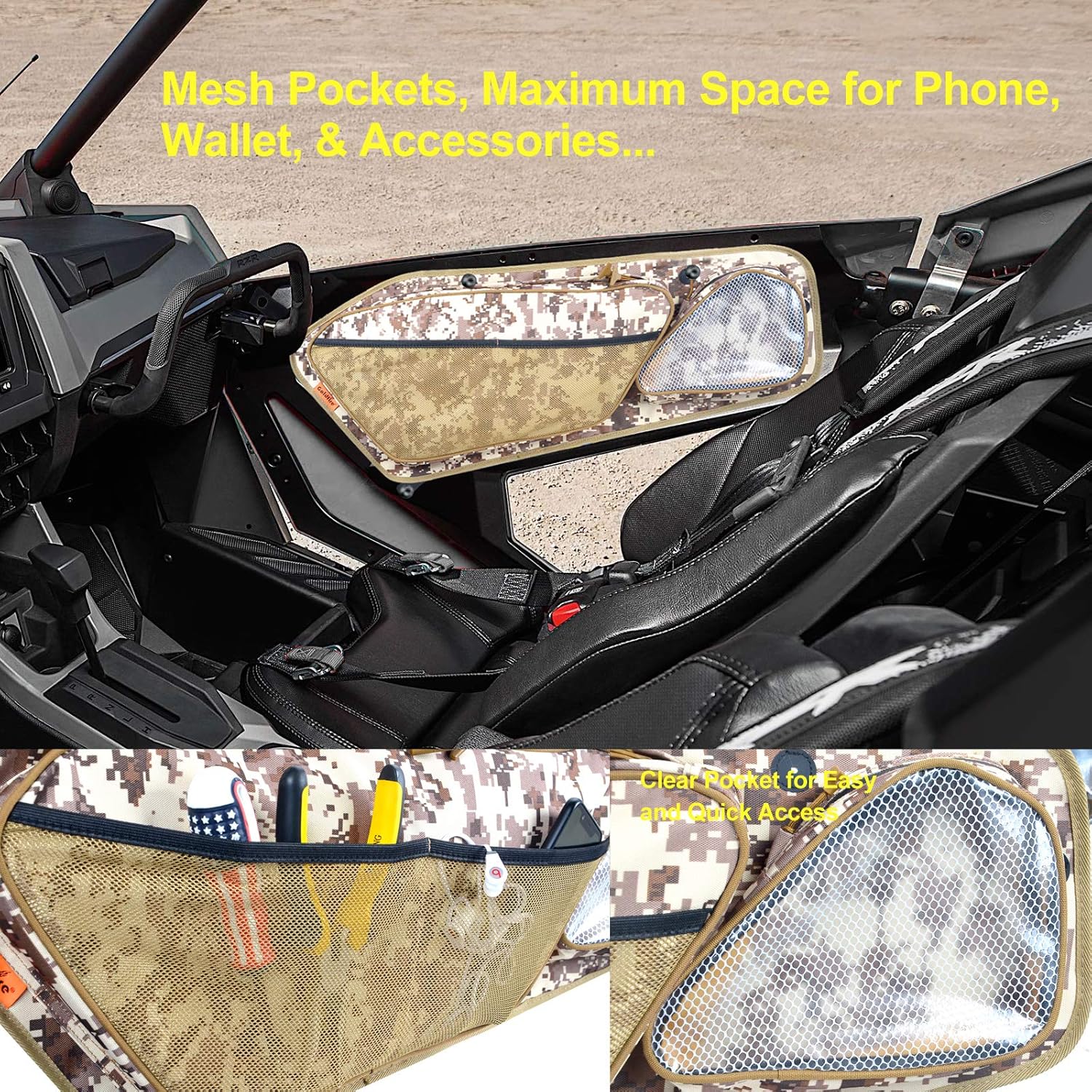 PRO XP UTV Side Door Storage Bag Tool Bags for Polaris RZR PRO XP/R/TURBO R 2020-2024 with Removable Knee Pad Multiple Pockets(Camo)
