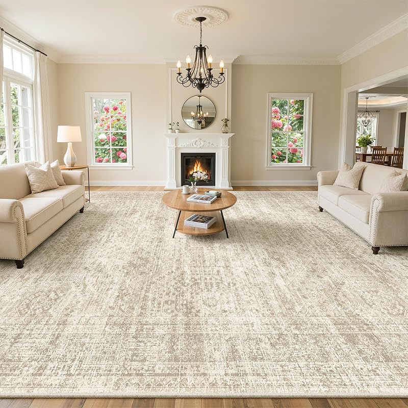 Soalmost Alfombras de área de 10 x 14 para Sala de Estar Alfombra Lavable Antideslizante Beige | Alfombra vintage grande resistente a las manchas para comedor, dormitorio, alfombra de pelo bajo, ligera, plegable, decoración para el hogar y la Oficina
