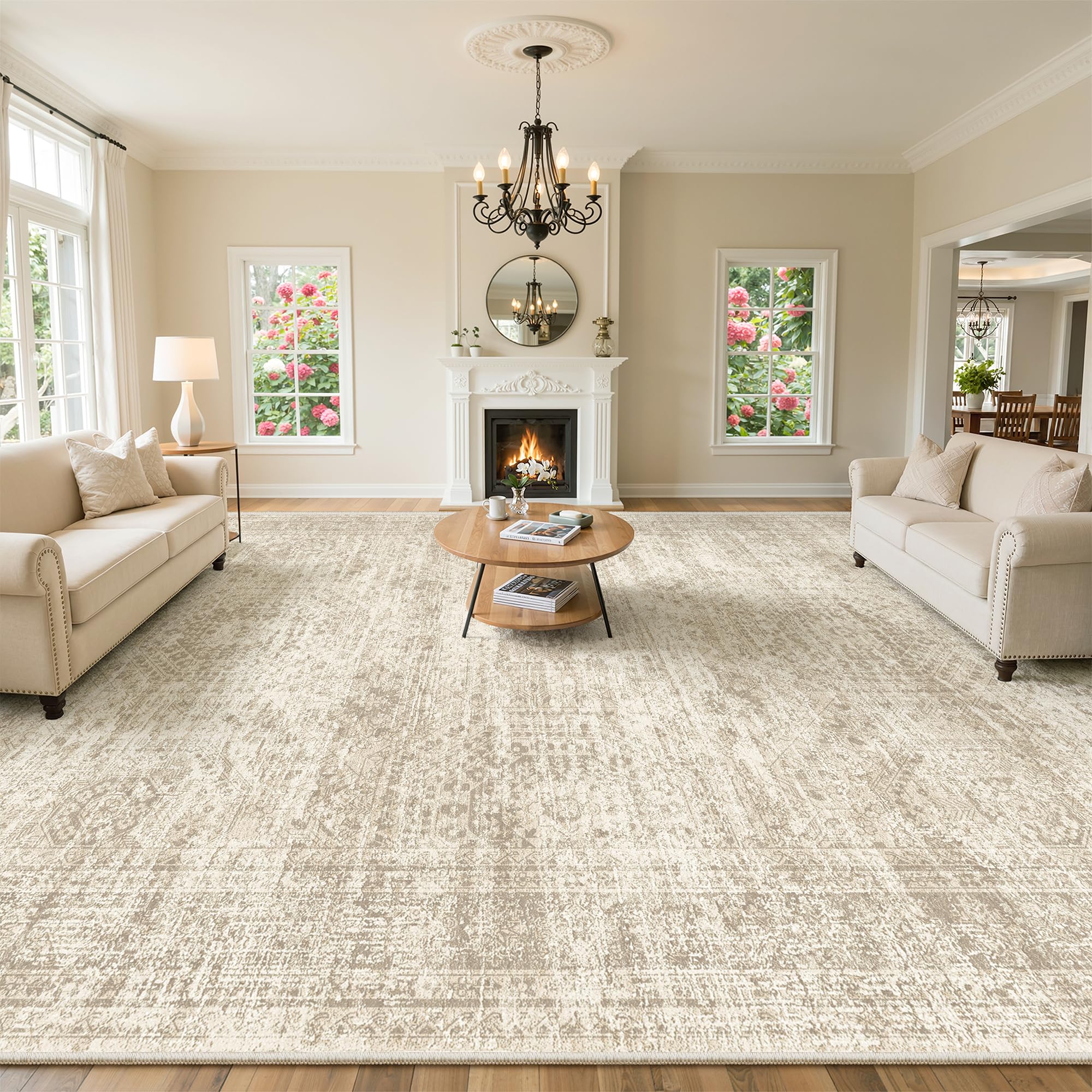 Photo 1 of Soalmost 10x14 Area Rugs for Living Room, Non Slip Machine Washable Vintage Rugs, Low Pile Lightweight Large Rug for Bedroom, Dining Room, Home Office Beige