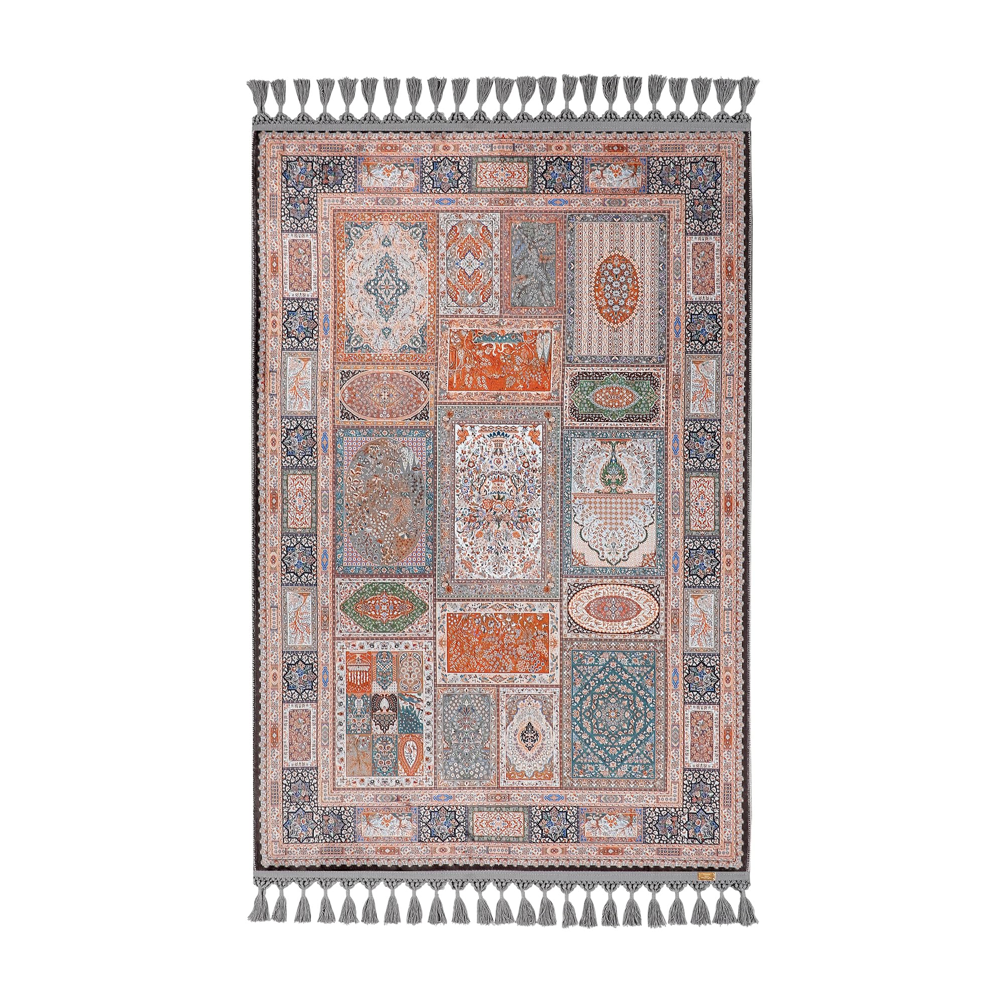 Alfombra de oración turca multipanel tradicional gris naranja con flecos