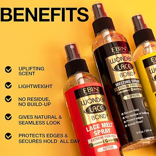 Miniatura 5 de EBIN NEW YORK Wonder Lace Bond Melt Spray de 8.25 onzas Extra Mega Hold (Original) Acabado impecable, natural y sin residuos, fórmula de larga