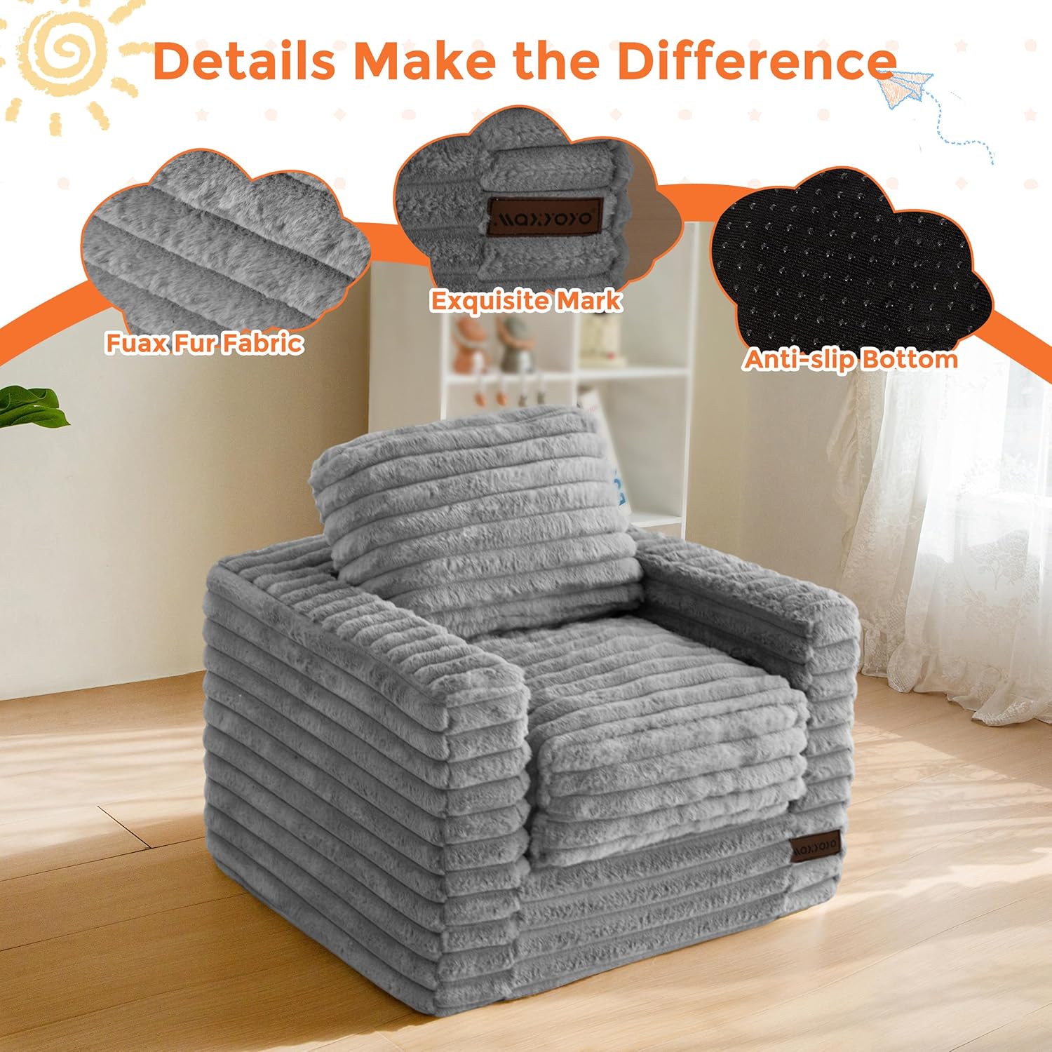 MAXYOYO Kids Bean Bag Chair, Comfy Faux Fur Bean Bag Sofa with Filler, Upholstered Floor Sofa with Pillows and Armrests, Lazy Floor Chair Couch for Boys and Girls, Grey