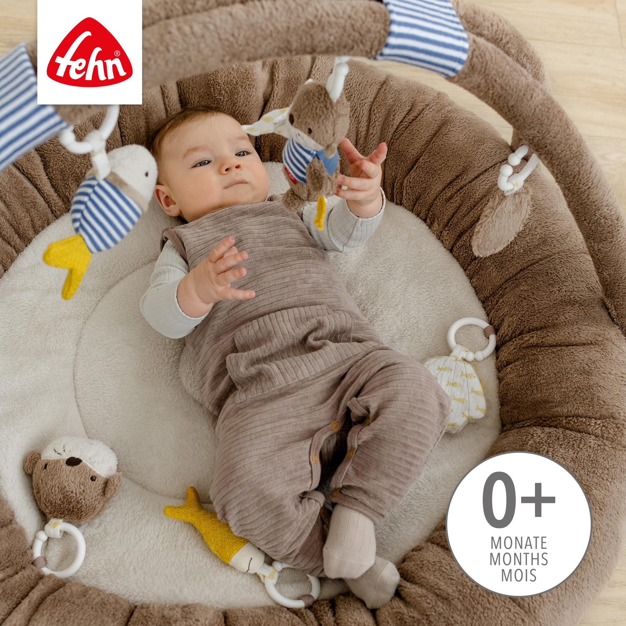 Fehn nido de actividades 3D arco de juegos nutria - Manta de juego para bebés redondo con 5 juguetes extraíbles para agarrar - para bebés y niños a partir de 0 meses - como regalo por el nacimiento