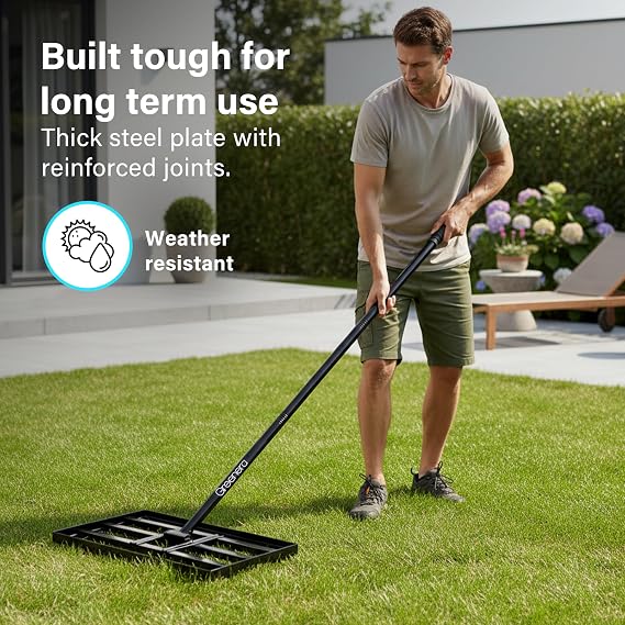 Lawn Levelling Rake, 43 x 25cm Lawn Leveler with 198cm Long Handle, Heavy Duty Stainless Steel Level Lawn Tool, Landscape Rake Adjustable Curved End Grip for Soil Sand Dirt Surfaces Garden Grass