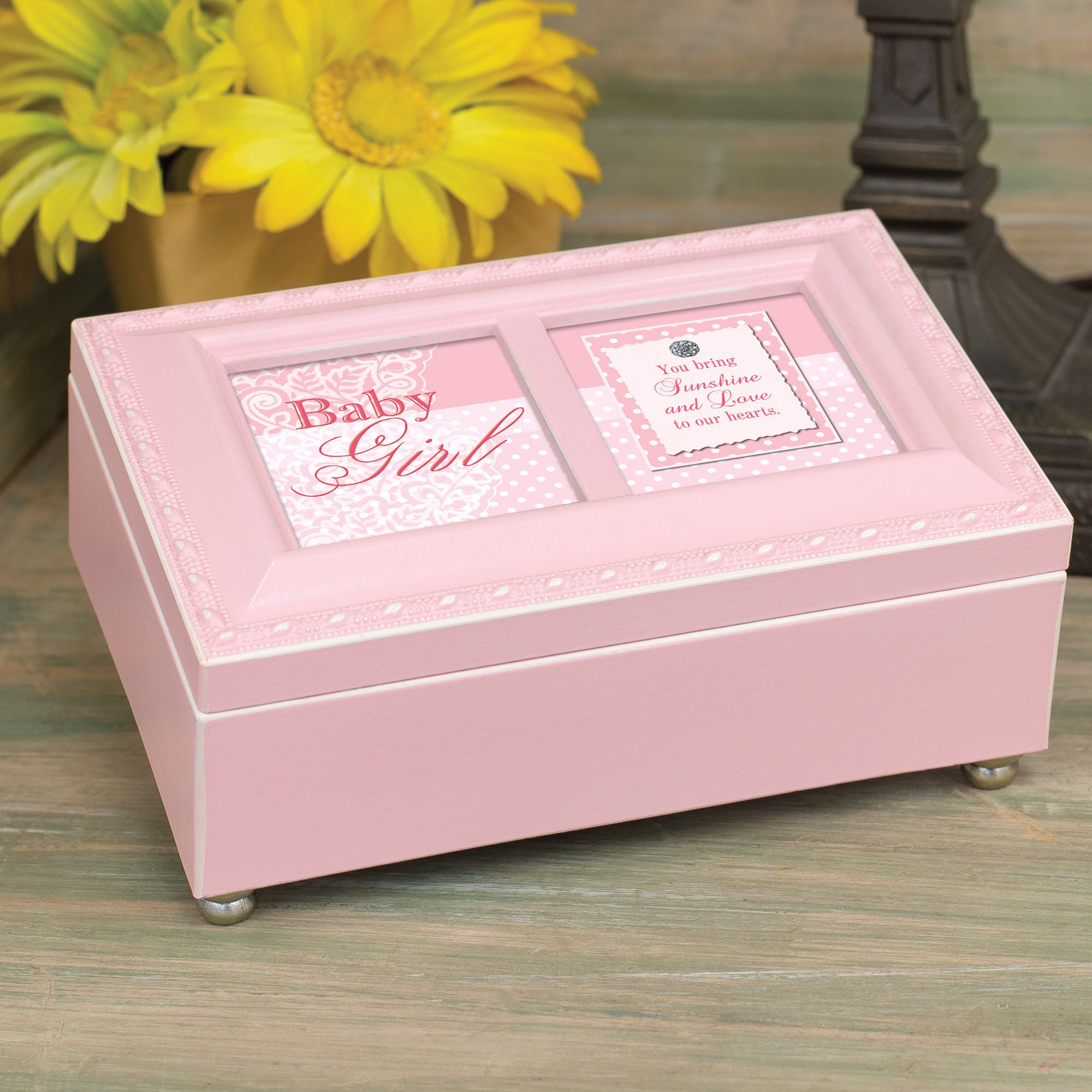 Cottage Garden Baby Girl You Bring Sunshine Love Spazzolato Silvertone Jewelry Music Box Suona Brahms Ninna Nanna