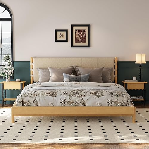 Miniatura 22 de Bastidores de cama de plataforma de madera de goma de alta calidad, marco de cama tamaño Queen con cabecero incluido, camas modernas de mediados de