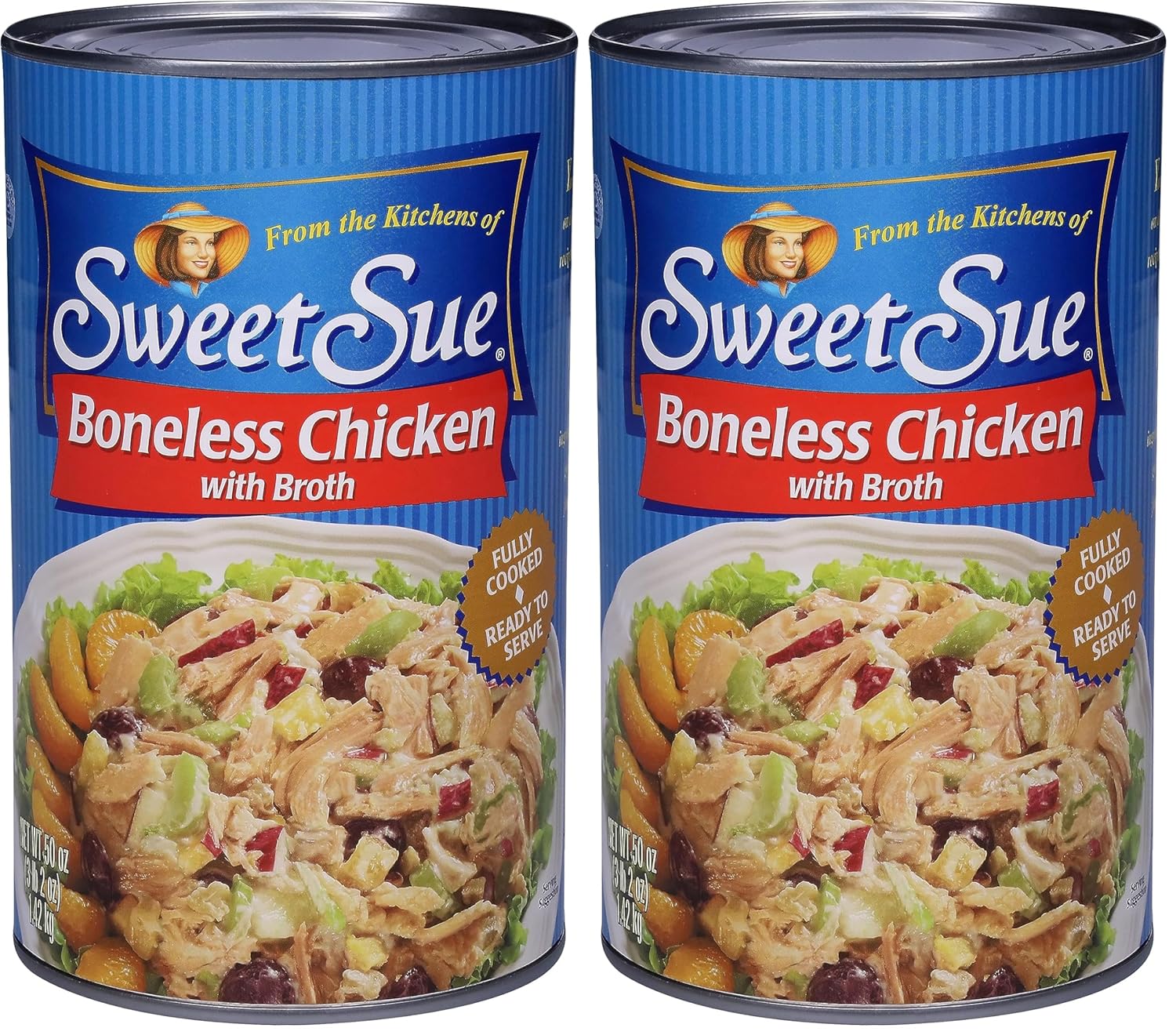 Sweet Sue Boneless Chicken with Broth, Cooked Canned Chicken- 10g Protein - Gluten Free, Keto Friendly – Great for Family, Food Service Restaurant, Cafeteria- 50 oz Can (Pack of 2)