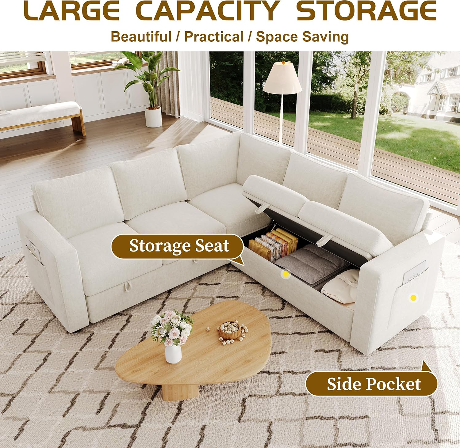 83.5" Sectional Sleeper Sofa with Pull Out Couch, Modern 5 Seat L Shaped Modular Couch, Sectionals Modular Sofa with Storage, Comfy Sectional Couches for Living Room & Apartment, Beige Beige 5 Seat Sofa