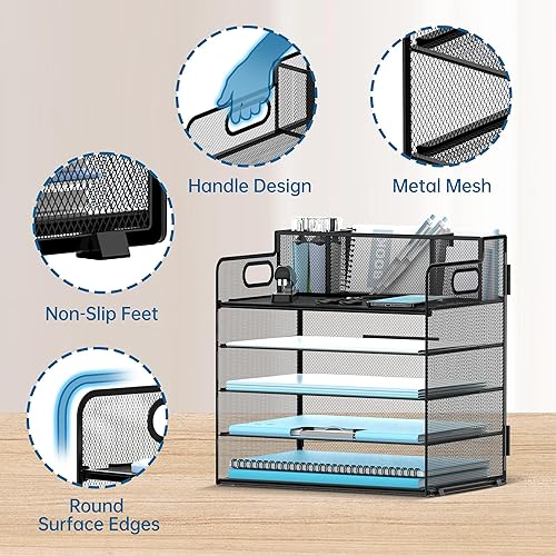 Miniatura 5 de JMHUD Organizador de bandejas de papel de 5 niveles con soporte para bolígrafos, accesorios de escritorio de malla y organizadores de espacio de