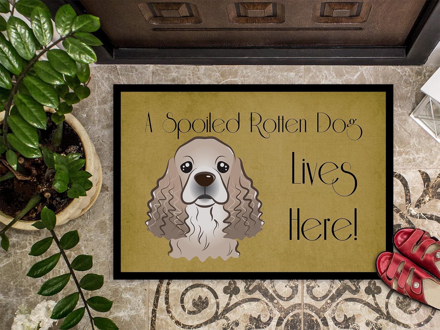 Caroline's Treasures BB1464JMAT Cocker Spaniel Spoiled Dog Lives Here Doormat 24x36 Front Door Mat Indoor Outdoor Rugs for Entryway, Non Slip Washable Low Pile, 24H X 36W