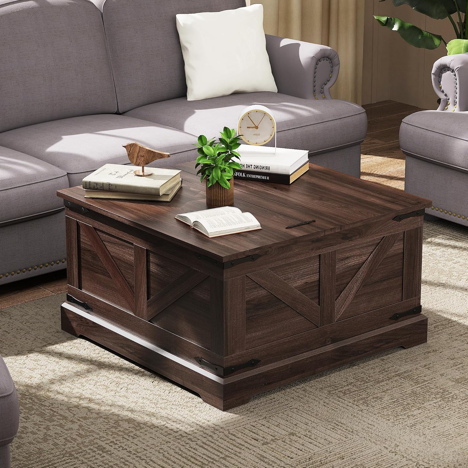 Coffee Table with Storage, 31.5" Center Table with Flip-Top Lids, Square Coffee Table with Large Hidden Storage Compartment for Living Room, Bedroom (Brown)