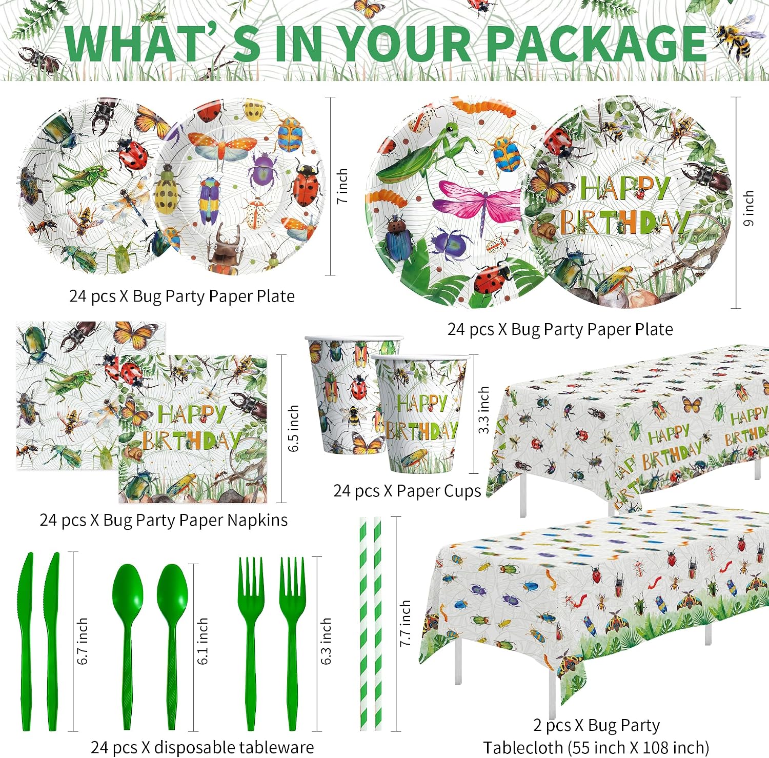 Bug Birthday Decorations, Garden Nature Themed Insect Party Supplies for Birthday Baby Shower, Plate, Cup, Napkin, Tablecloth, Background, Banner, Balloon, Cake Topper, Cutlery, Straw, Serve 24