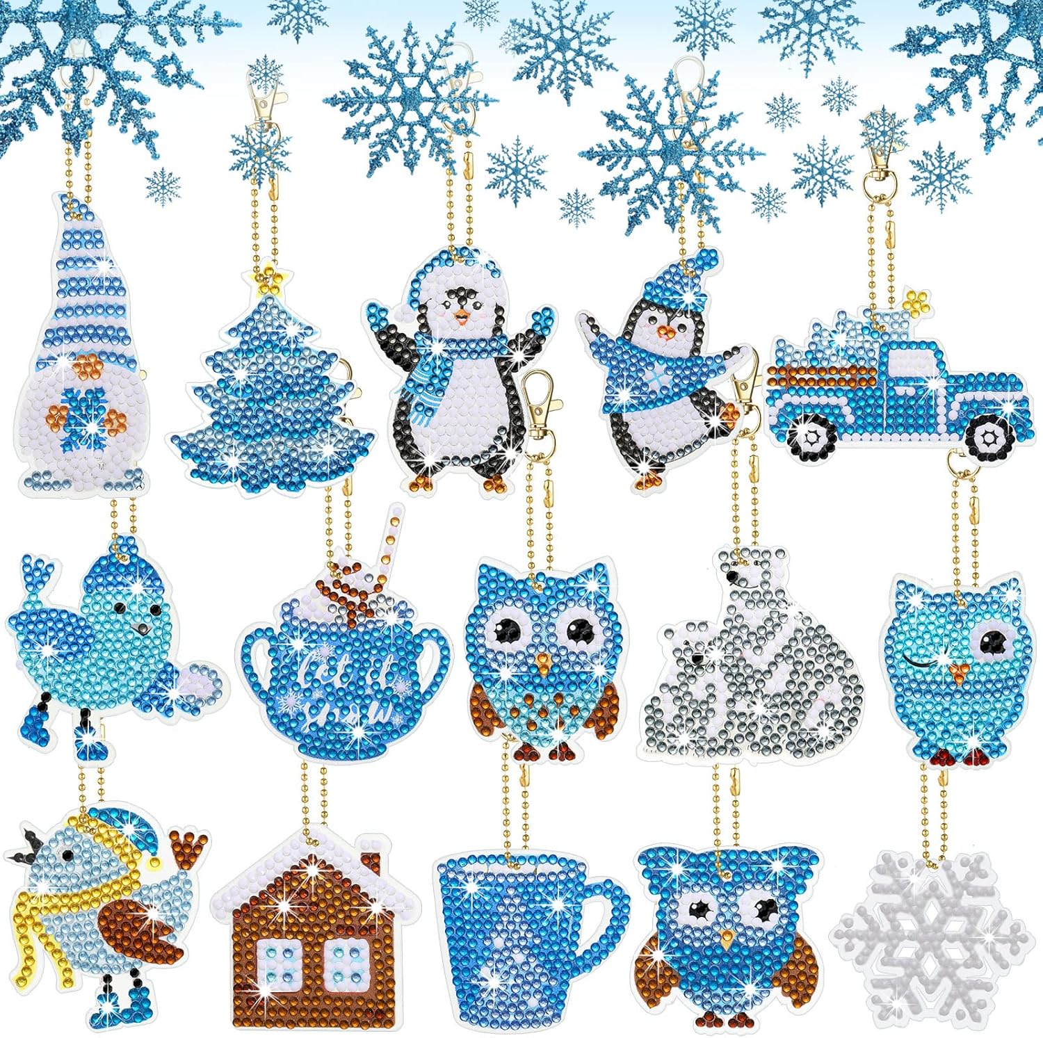 Inbagi 15 Pcs Winter Diamond Painting Keychains Blue