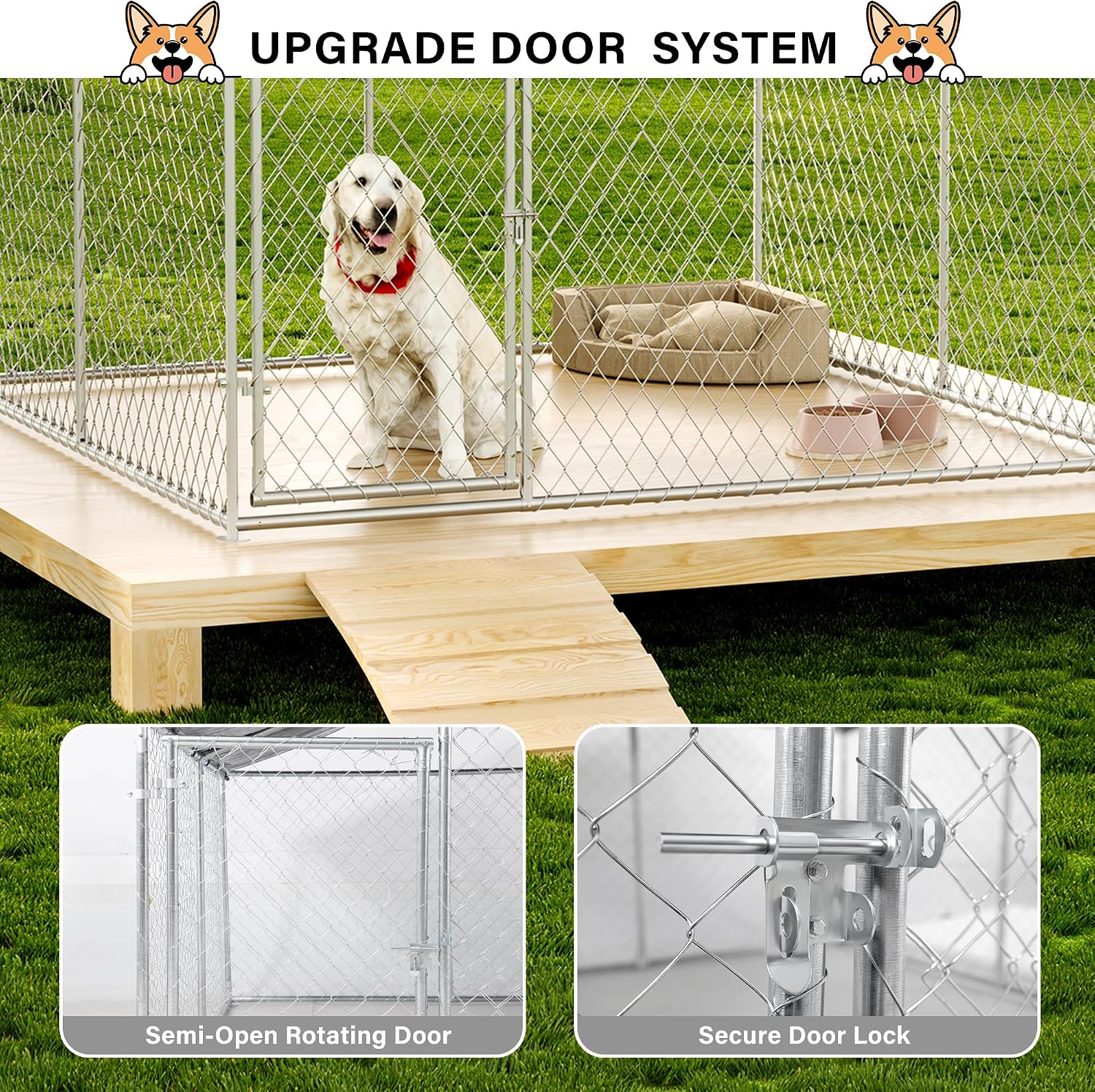 LAUSAINT HOME 7.5'×7.5' Large Outdoor Dog Kennel, Heavy Duty Outside Dog Kennel with Roof and Secure Lock, Galvanized Steel Dog Run Cage Enclosure for Backyard