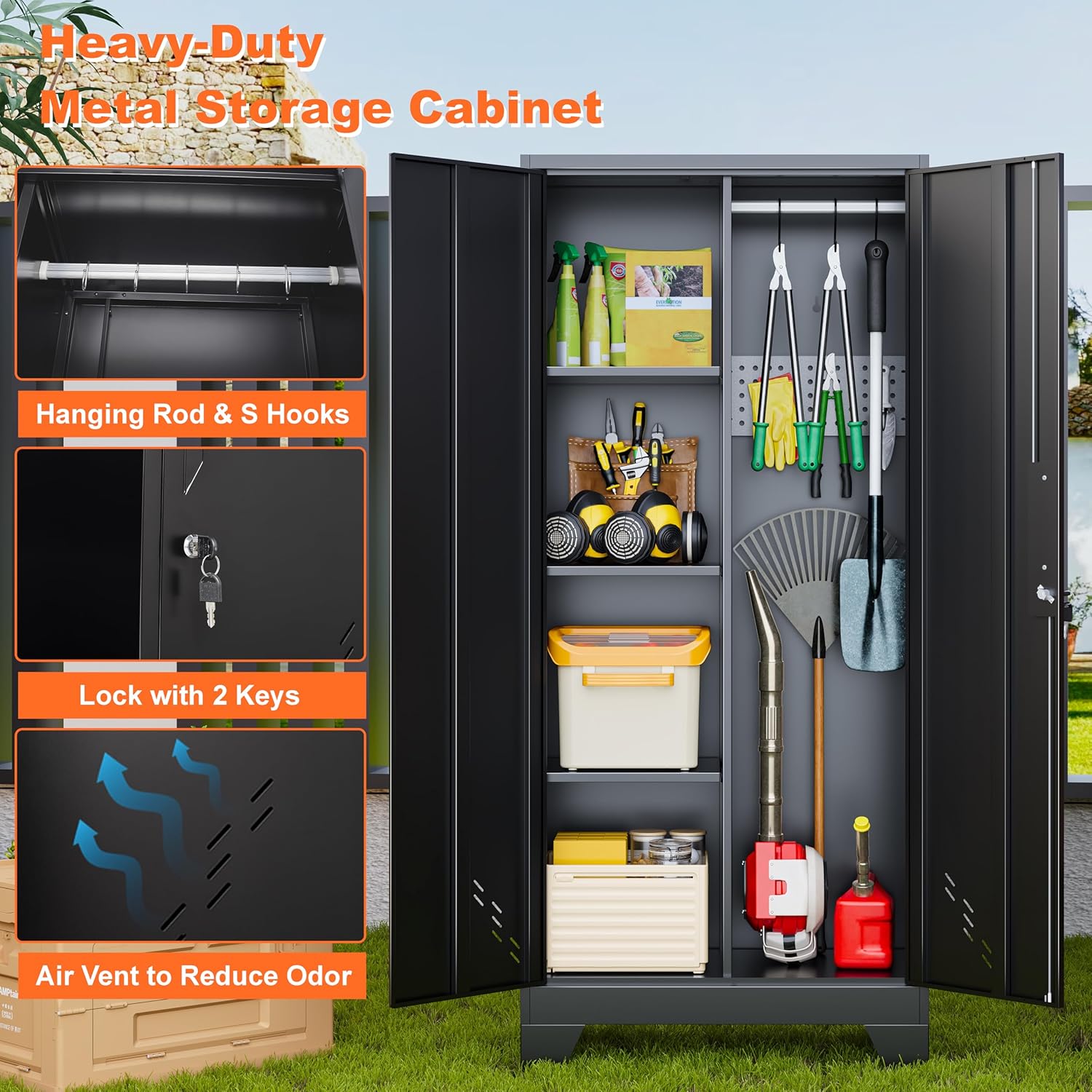 Storage Cabinet 61" H, Metal Outdoor Sheds with Shelves for Tools Storage, Cleaning Supplies Closet with Removable Pegboard for Outdoor, Garage, Utility Room