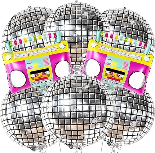 KatchOn, Globos grandes de bola de discoteca plateados, paquete de 8, globos de discoteca de esfera 4D, globos de los años 80, juego de globos