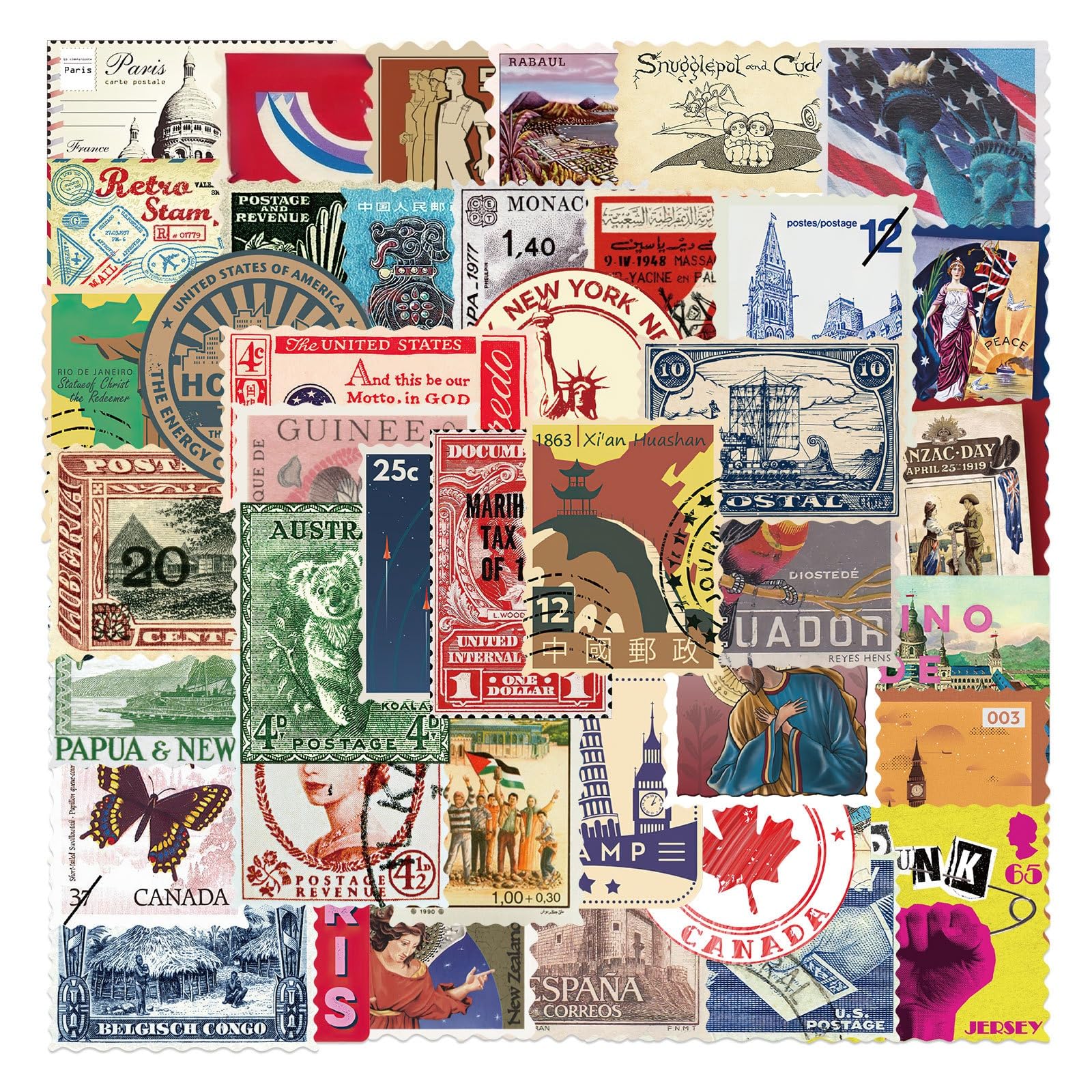 50PCS Vintage Travel Stamps Stickers for Luggages Laptops Car Bike Guitar DIY Suitcase Water Bottle Skateboard Cup Computer Refrigerator,Travel Enthusiasts Waterproof Decals for Adults