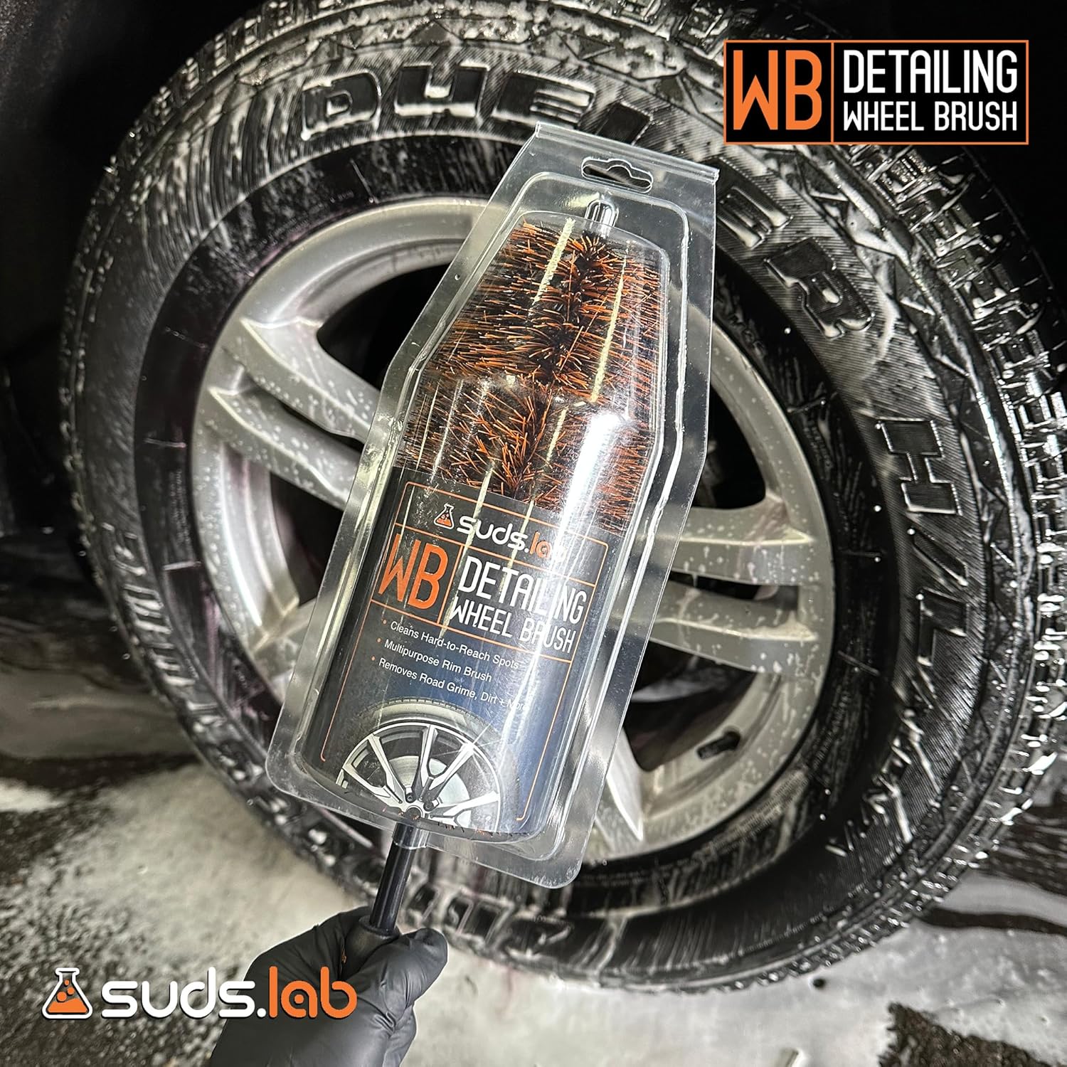 Suds Lab WB Wheel Cleaning Brush - Multipurpose Rim and Wheel Brush - Clean Hard to Reach Spots - 15" Total Length