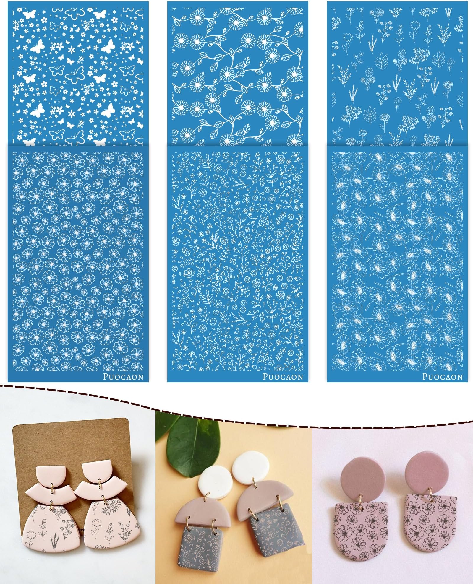 Puocaon Daisy Clay Silk Screen - 6 Pcs Silk Screen Stencils for Polymer Clay Jewelry Making, Mini Flower Reusable Polymer Clay Silk Screen Stencils for Earrings, Butterfly Clay Silk Screen Stencils