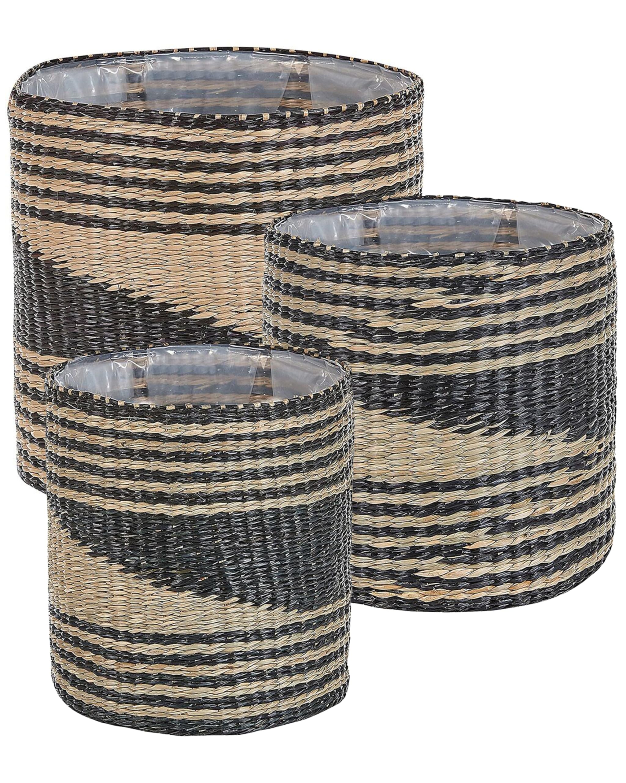 Beliani Natural Set Of 3 Seagrass Plant Baskets Planter Pots With Lining Rattail