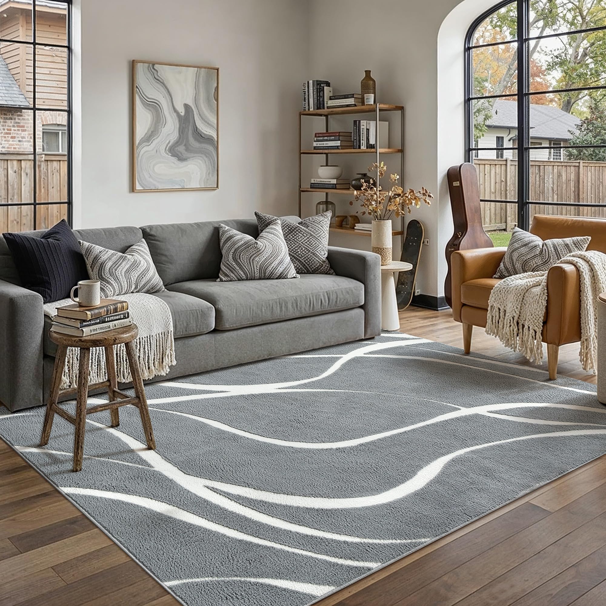 hugear shag area rug 5x7 grey & ivory washable living room bedroom rug non slip non-shedding soft plush medium pile large throw carpet for home office aesthetic modern decor