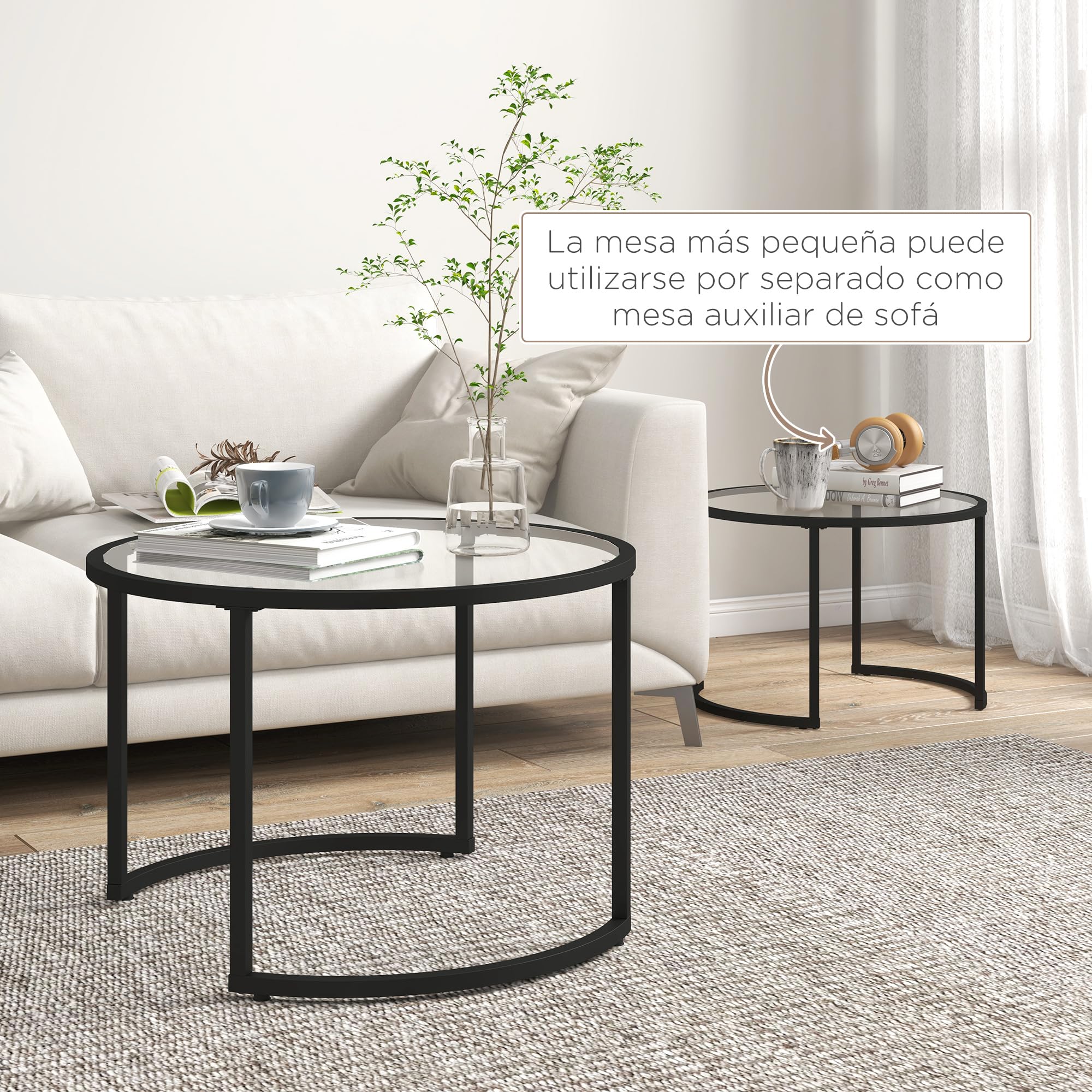 HOMCOM Juego de 2 Mesas Nido Redondas, 70/54 cm Negro y Transparente | Mesas de Centro para Salón, Tablero de Vidrio Templado, Marco de Acero, para Dormitorio y Oficina