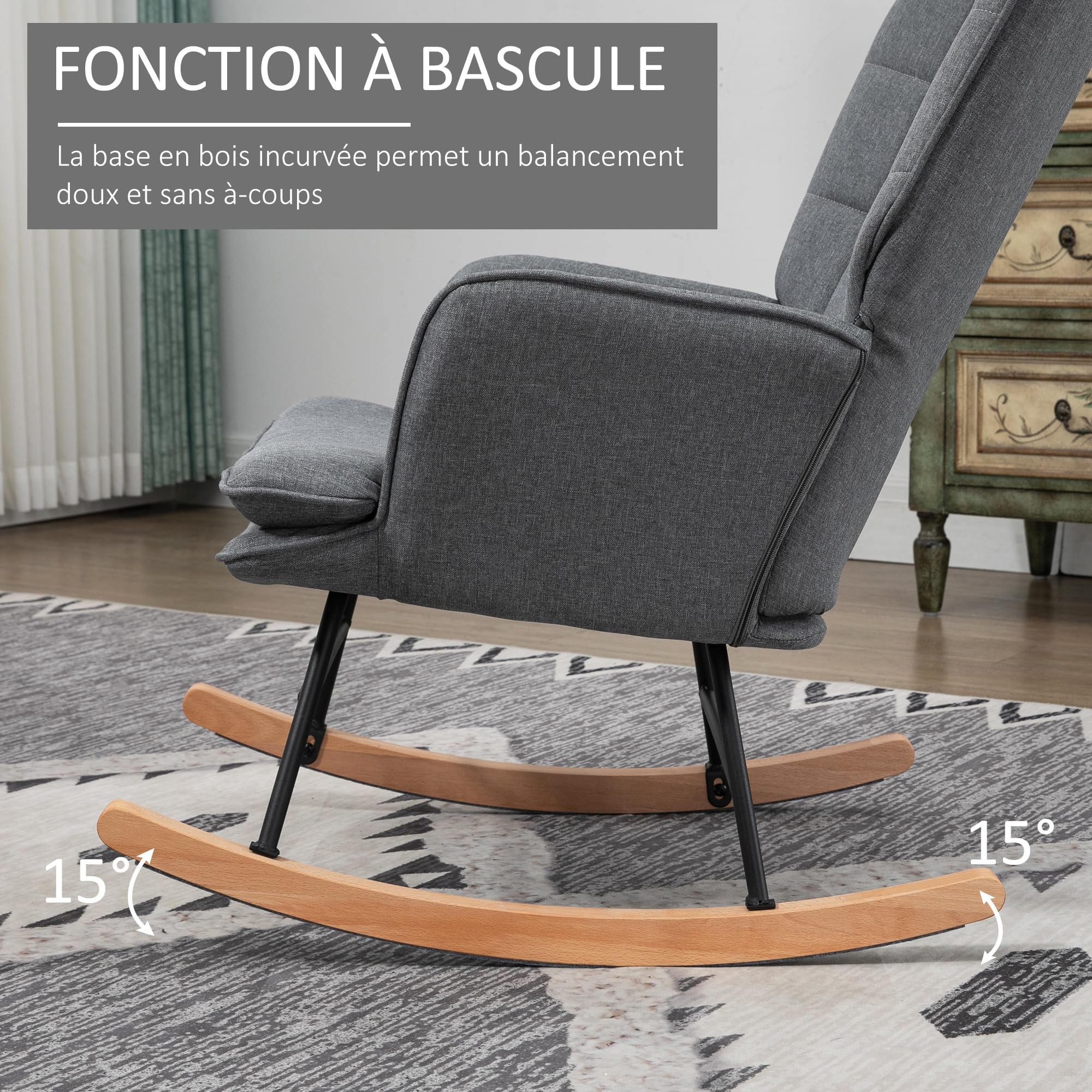 HOMCOM Fauteuil à Bascule avec Repose-Pieds, Rocking Chair en Tissu Aspect Lin, Assise Large, Dossier Haut, Coussin Inclus, Chaise à Bascule pour Salon, Chambre, Gris