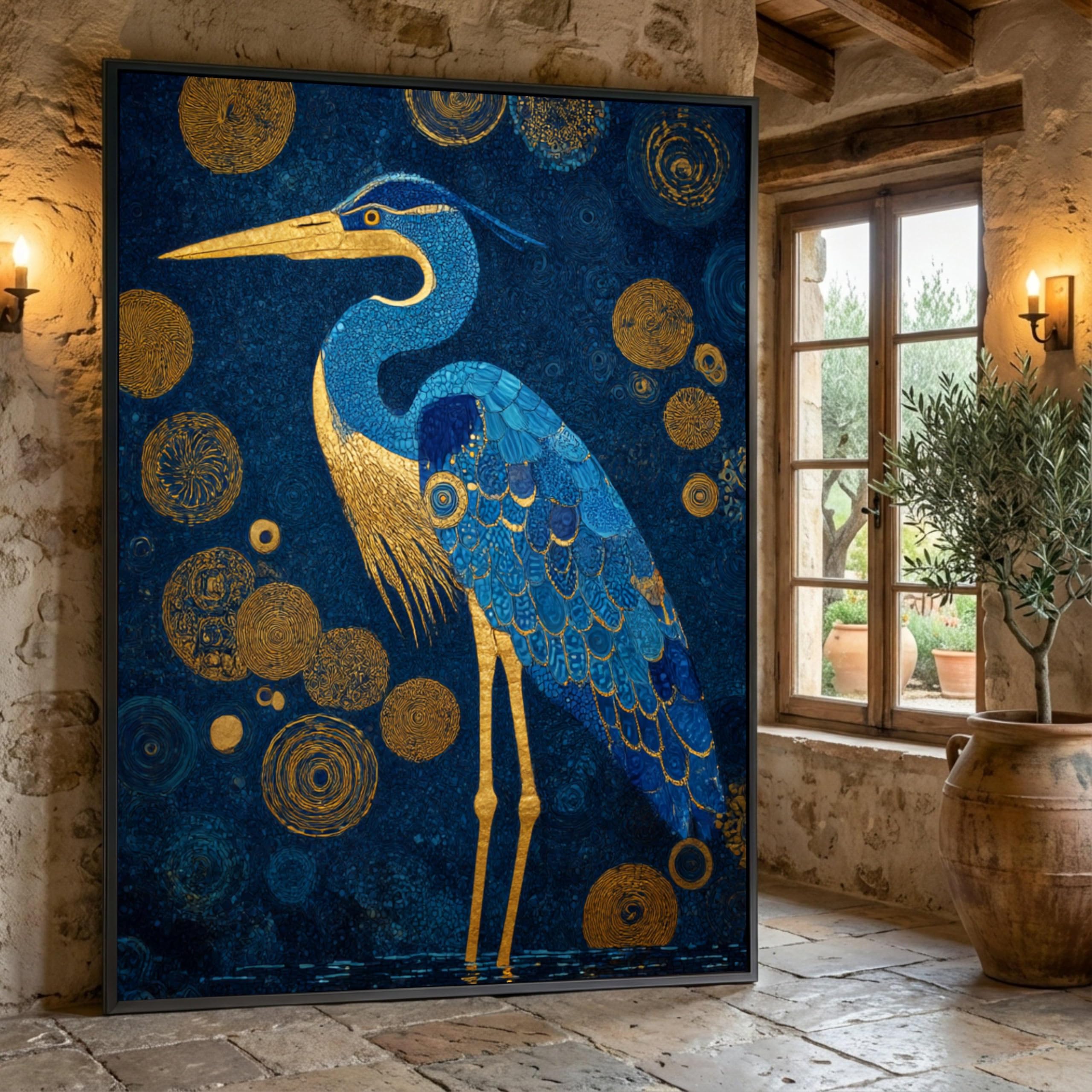 YUSUZHU Big Size Blue Heron Canvas Wall Art, Gold Accents Nature Painting, Bird Illustration, Decor Animals Canvas Print Posters(60x80cm/Frameless)