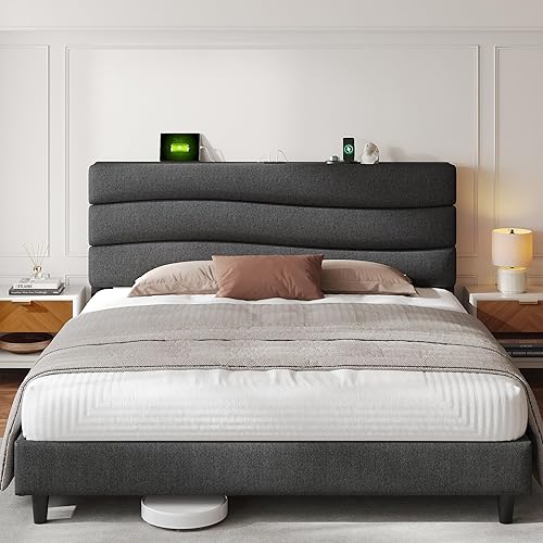 Miniatura 20 de EnHomee Base de cama tamaño Queen, base de cama Queen tapizada con estaciones de carga, cabecera de almacenamiento ajustable, dormitorio,