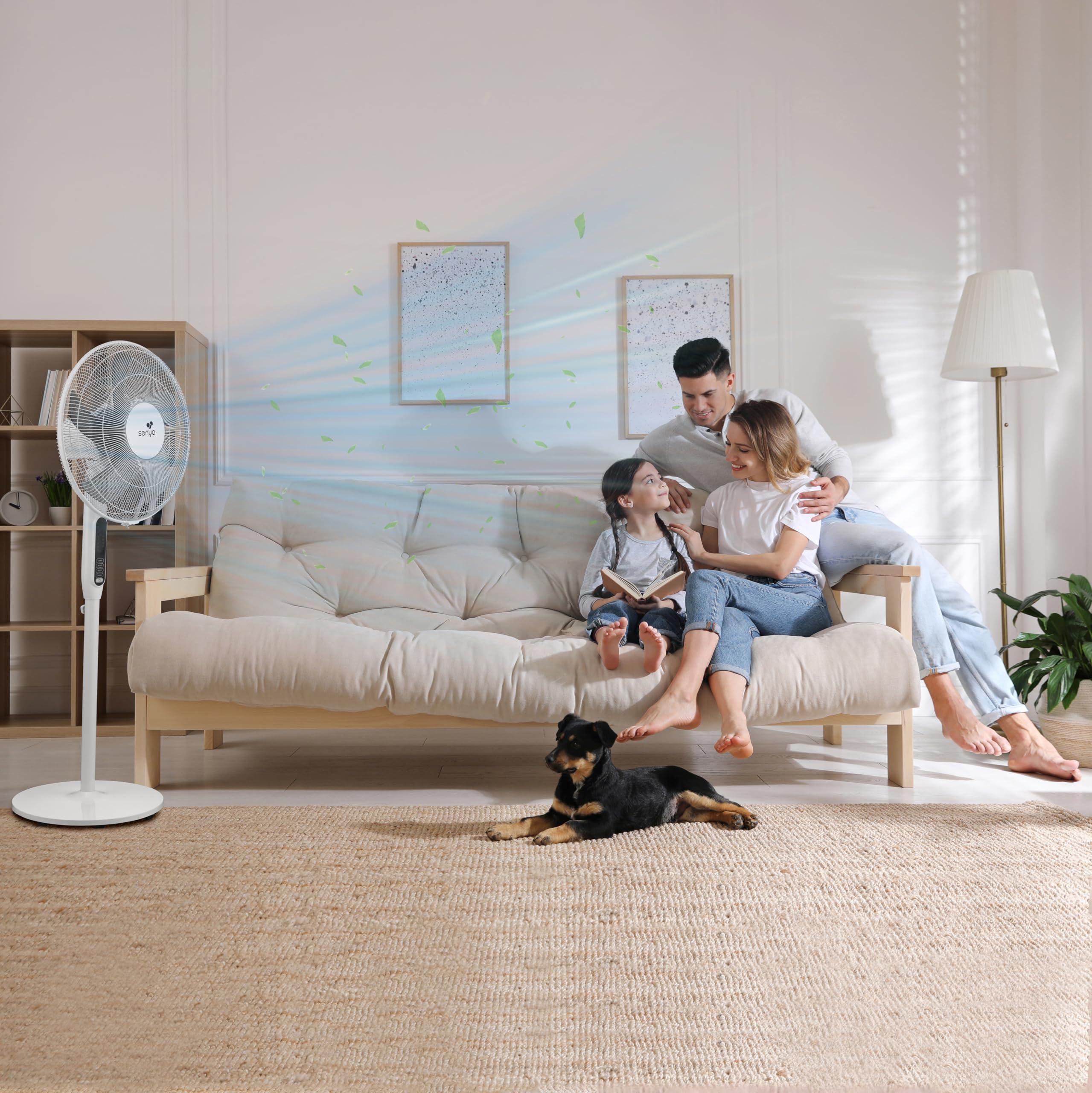 SENYA Silence & Cool – Ventilateur sur pied silencieux 120cm avec pales, 3 vitesses, 3 modes (nuit, naturel, normal), oscillation, tête orientable, télécommande et minuterie 7h
