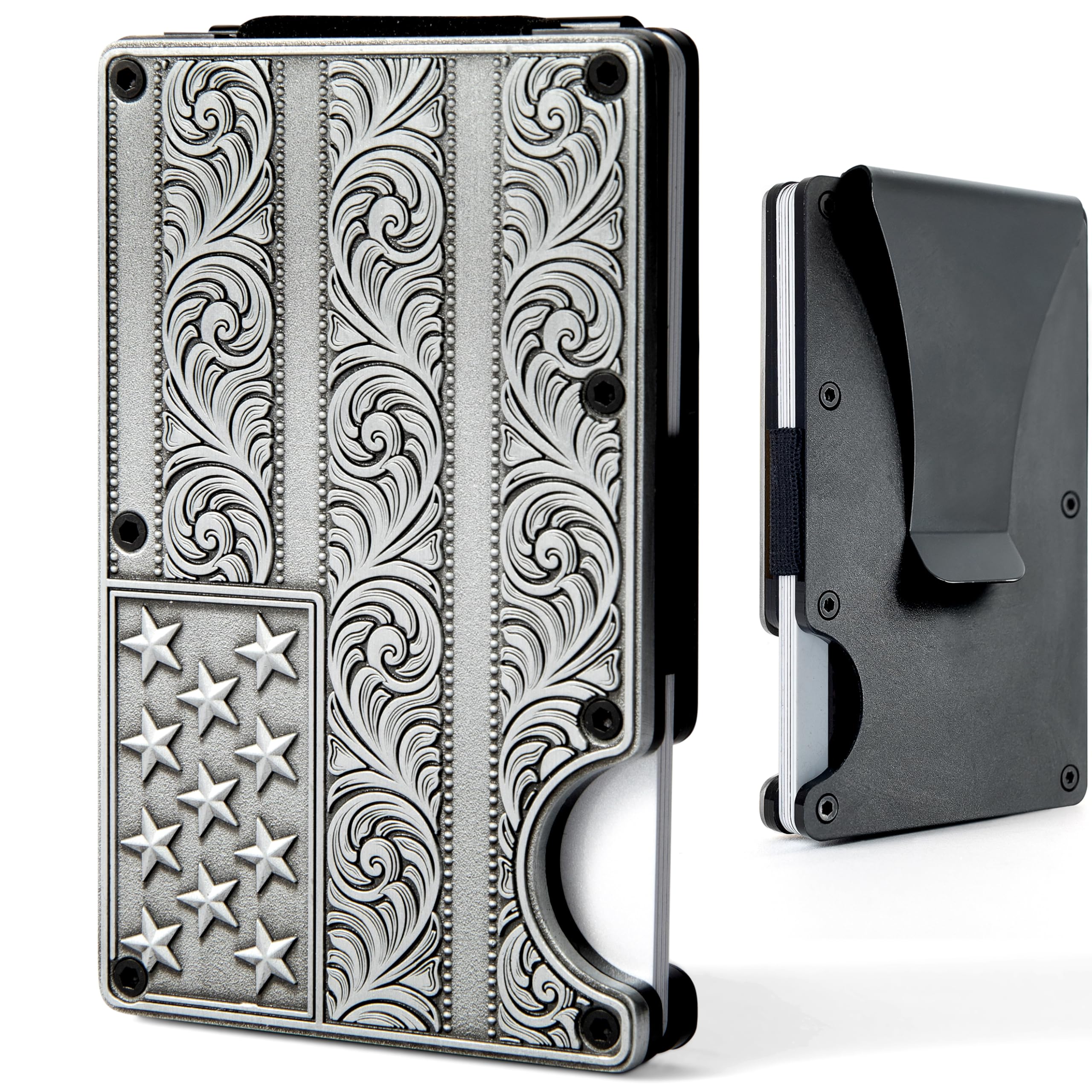 Itera American Flag Wallet Flourish Engraved Silver Metal Cardholder/WITH REMOVABLE Money Clip for Men with RFID Blocking - Slim, Stylish, and Secure Credit Card Holder